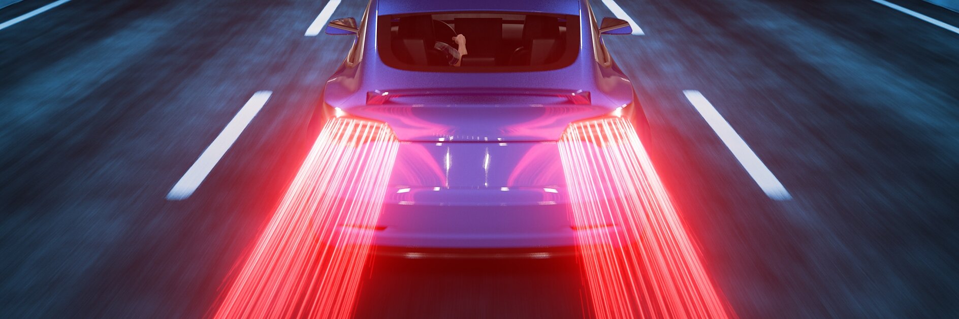 A car with bright red tail lights on a multi-lane highway at night, seen from above and behind, features tesa tape details.