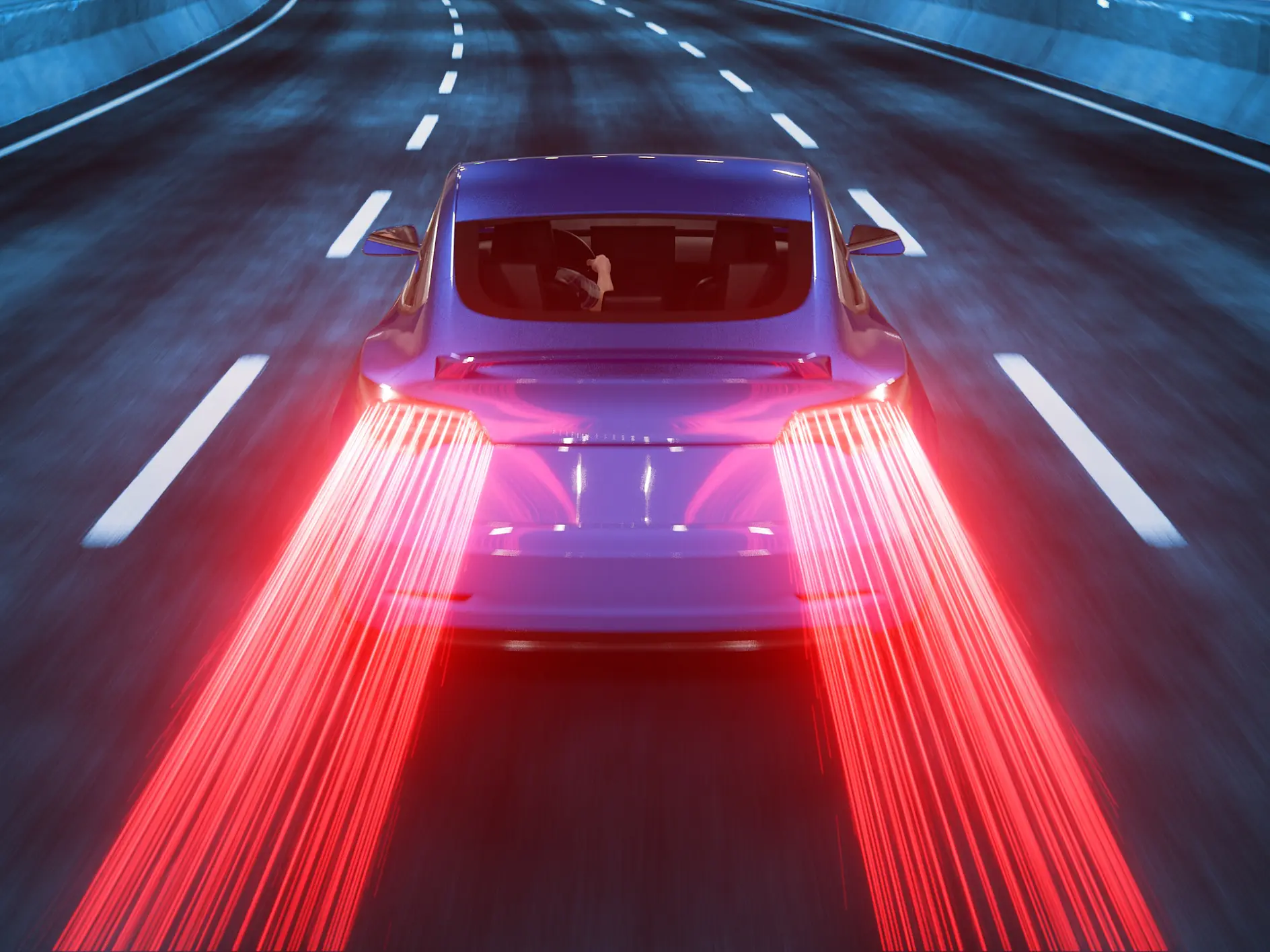A car with bright red tail lights on a multi-lane highway at night, seen from above and behind, features tesa tape details. (This text has been generated by AI)
