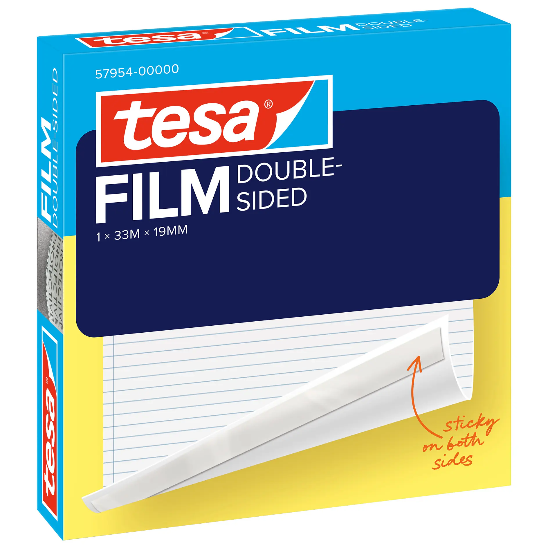 tesa double-sided film tape in blue and yellow packaging with a partially peeled strip showing sticky black side (This text has been generated by AI)
