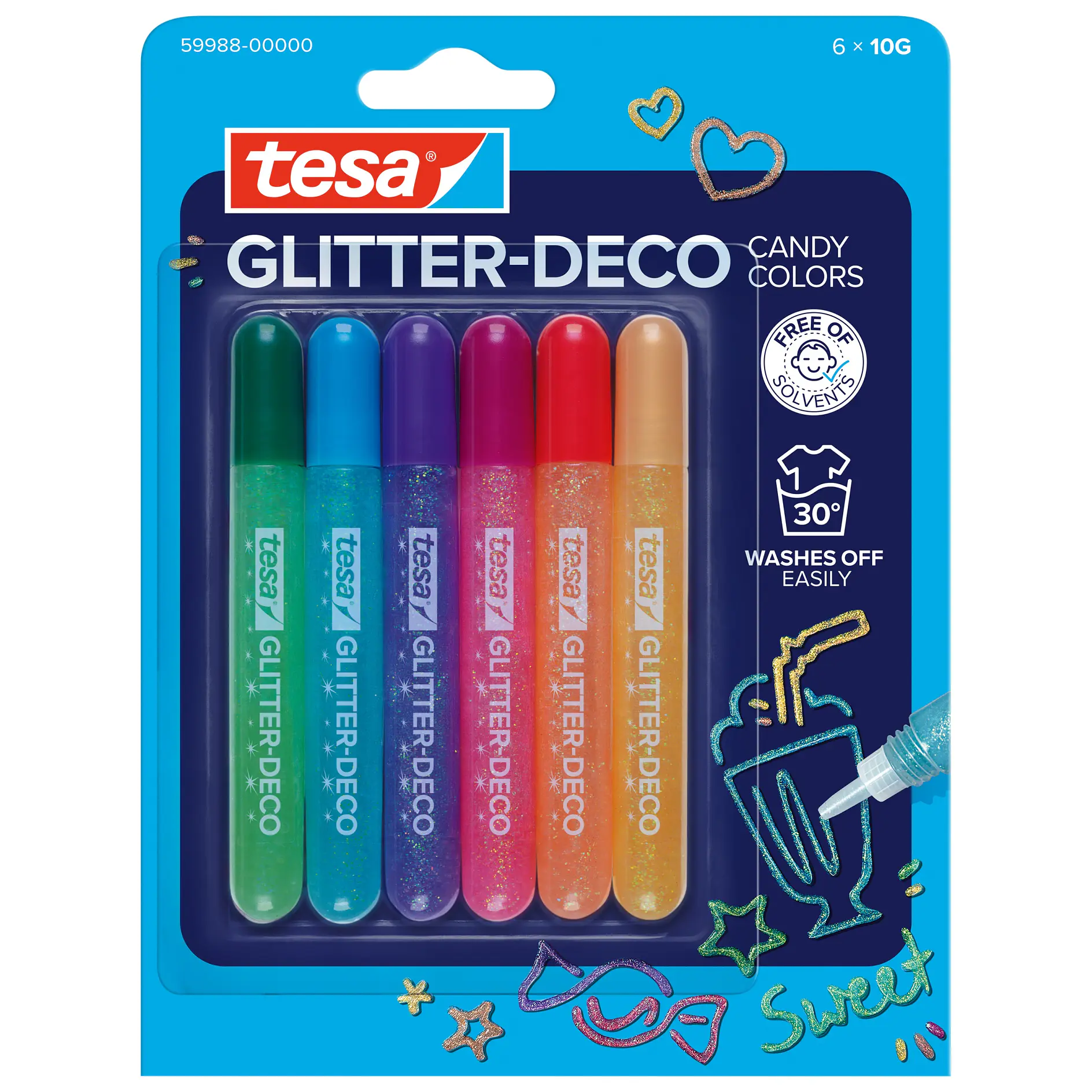 tesa glitter-deco candy colors set with six vibrant glitter glue tubes in green, blue, purple, red, orange, and yellow, packaged for crafting use. (This text has been generated by AI)