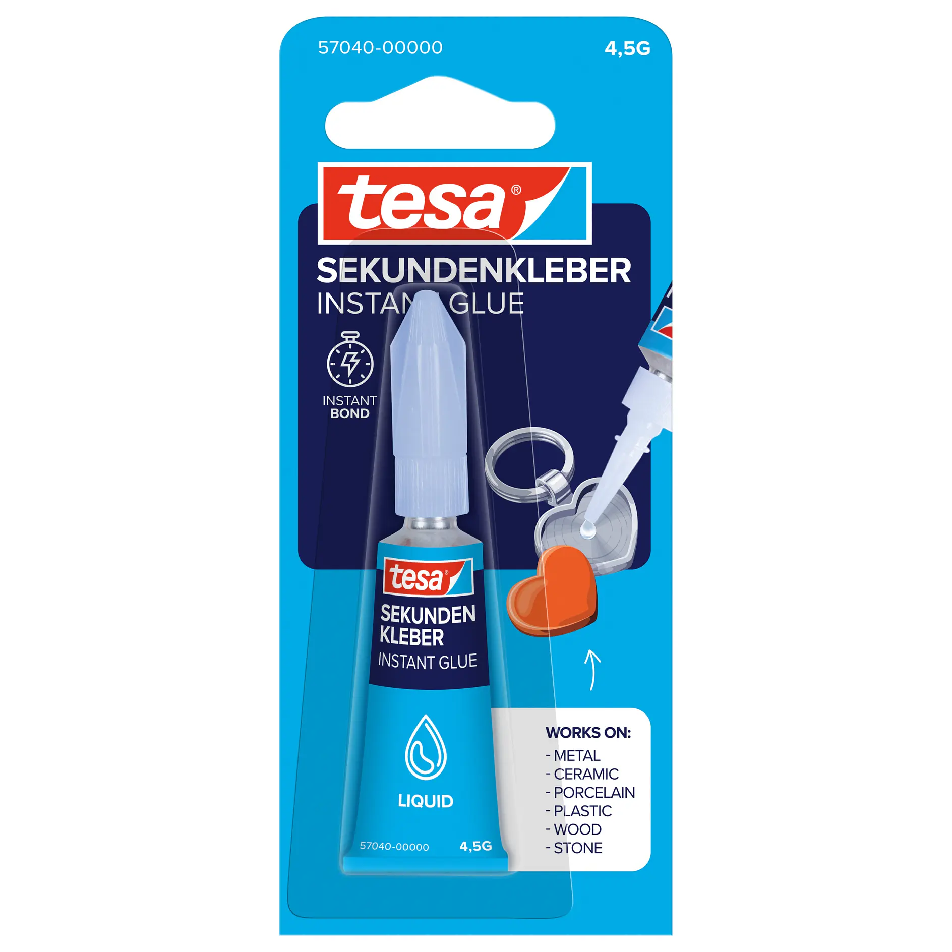 tesa instant glue tube with applicator on blue and white retail packaging, designed for quick bonding of various materials (This text has been generated by AI)