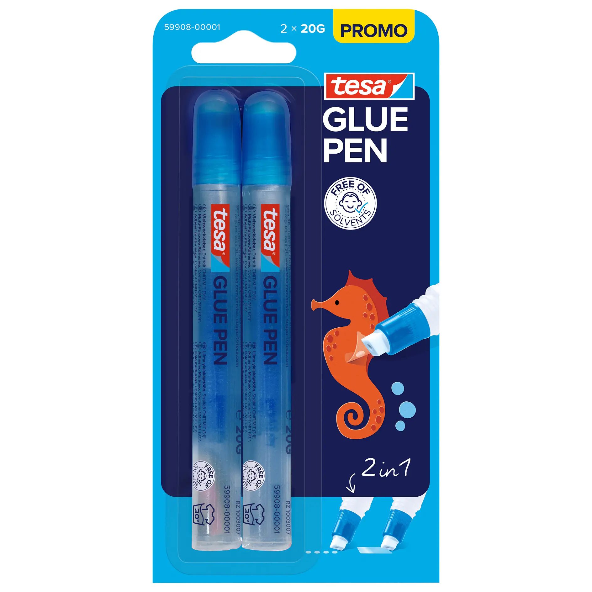 Two tesa glue pens in blue packaging with a seahorse illustration, labeled 2 in 1 and promo, designed for precise adhesive application. (This text has been generated by AI)