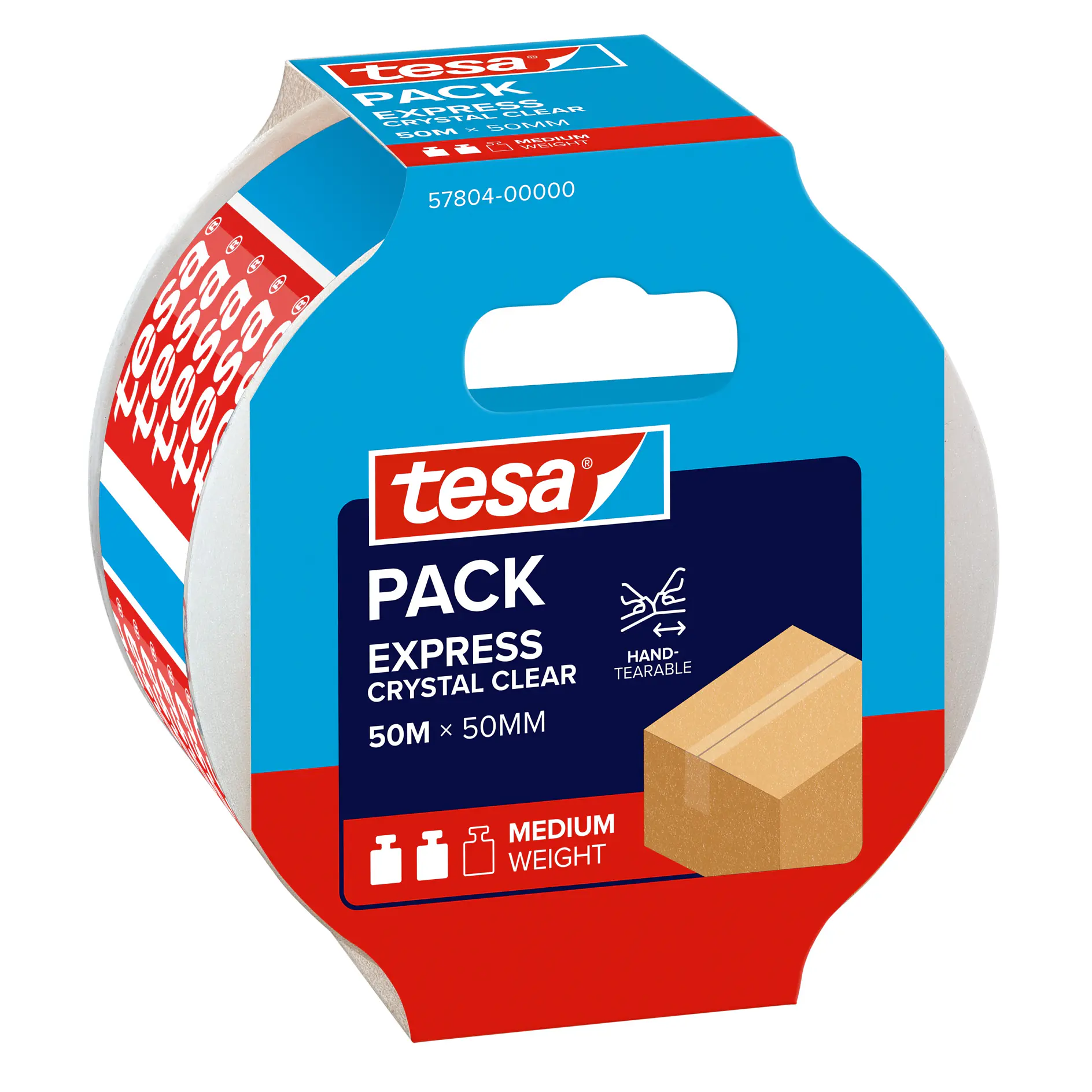 tesa pack express crystal clear adhesive tape roll, 50m length, 50mm width, packaged for medium weight sealing tasks (This text has been generated by AI)