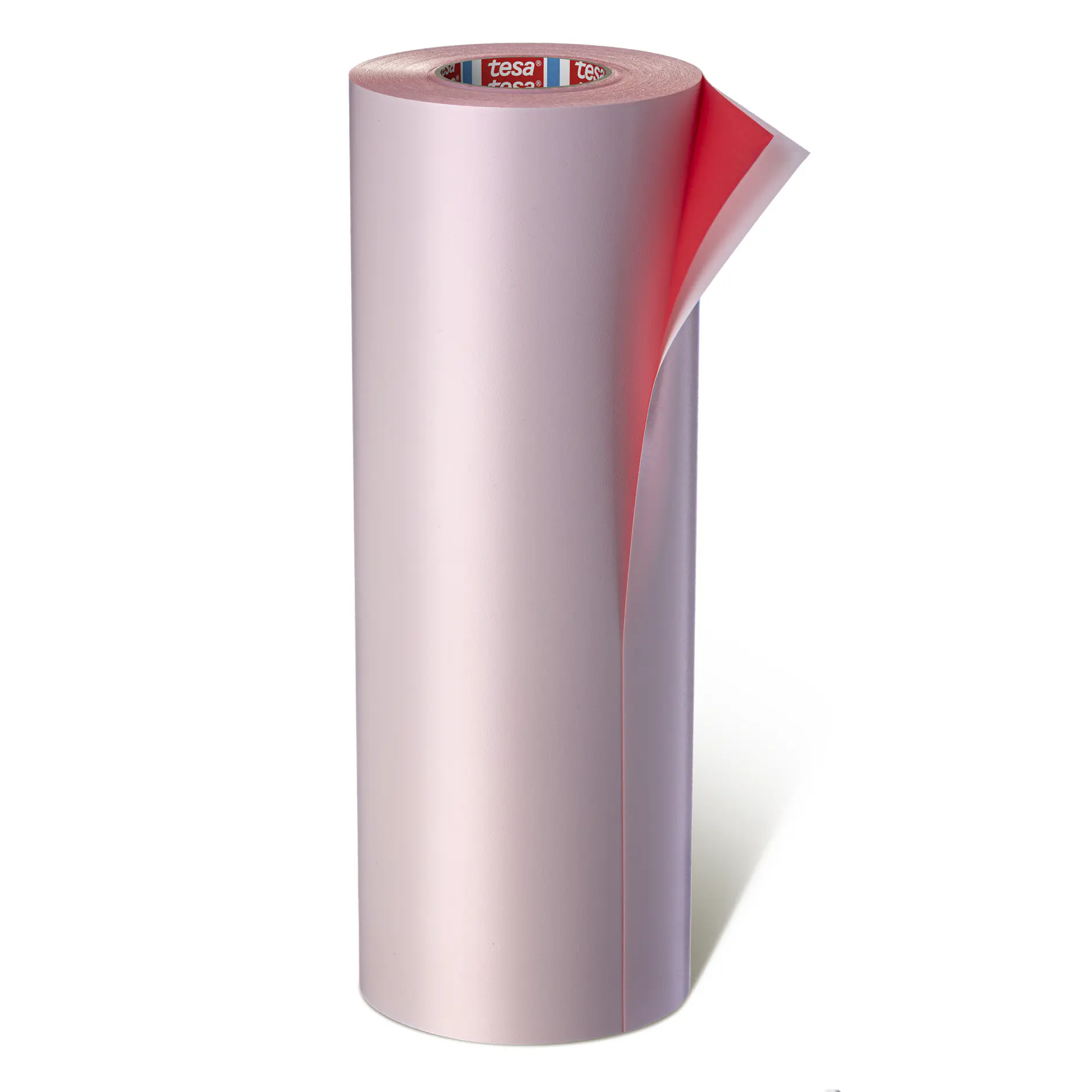 Roll of translucent tesa adhesive tape with red backing partially peeled, standing upright on a white background. (This text has been generated by AI)