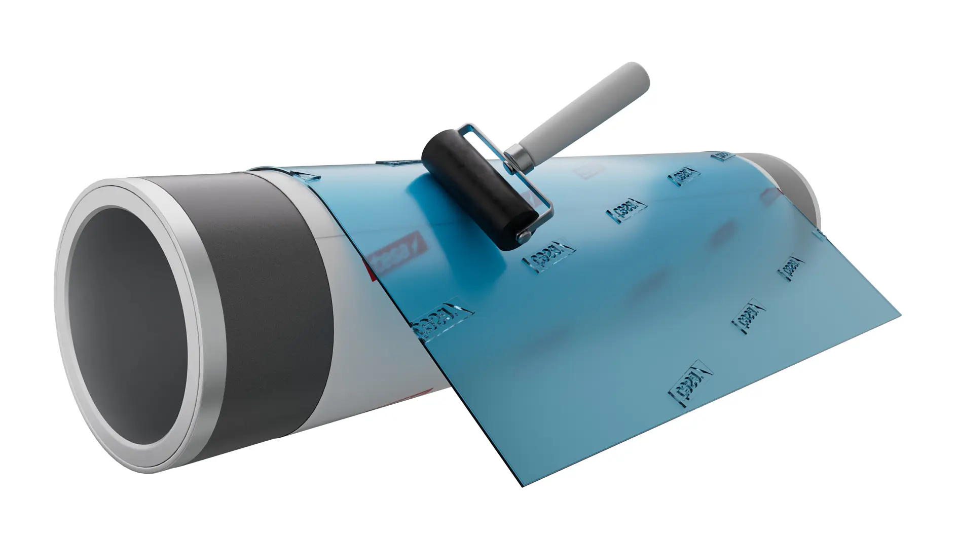 tesa branded blue adhesive tape being applied to a cylindrical pipe with a black cutting tool in a white background studio setting (This text has been generated by AI)