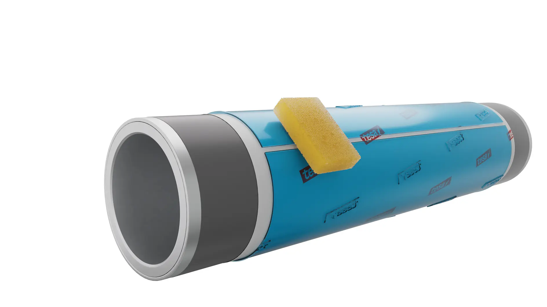 blue cylindrical adhesive tape roll with a yellow tab on a white background, isolated product shot for packaging or display tesa (This text has been generated by AI)