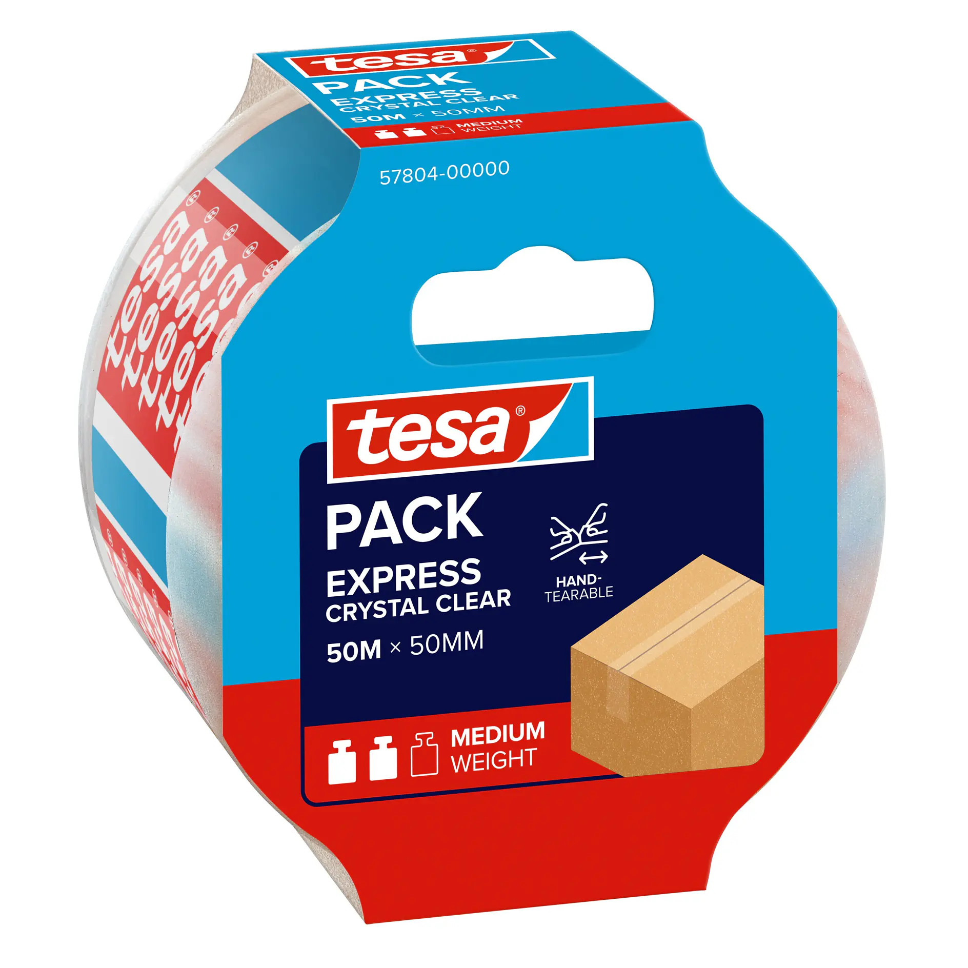 tesa pack express crystal clear adhesive tape roll, 50m length, 50mm width, packaged for medium weight sealing tasks (This text has been generated by AI)