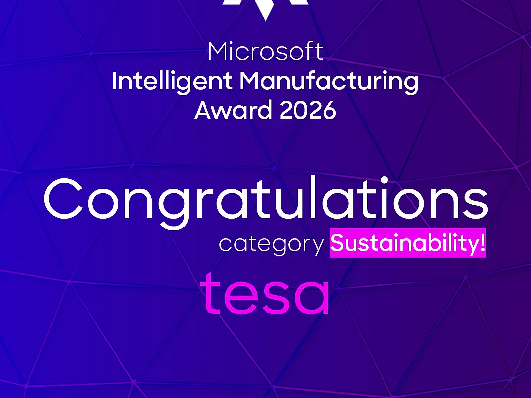A graphic announces Microsoft Intelligent Manufacturing Award 2026, congratulating tesa tape for winning Sustainability. Purple lines background. (This text has been generated by AI)