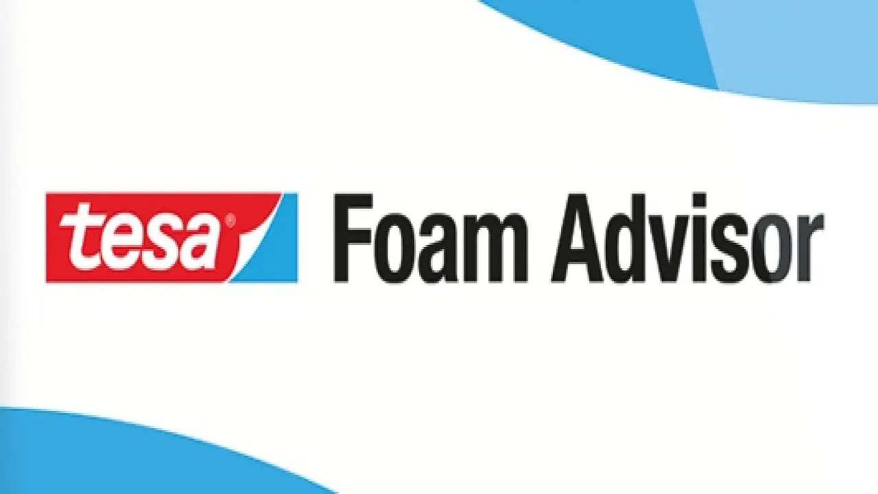 The image shows the tesa tape Foam Advisor logo with tesa tape in white on a red and blue background, and Foam Advisor in black. (This text has been generated by AI)