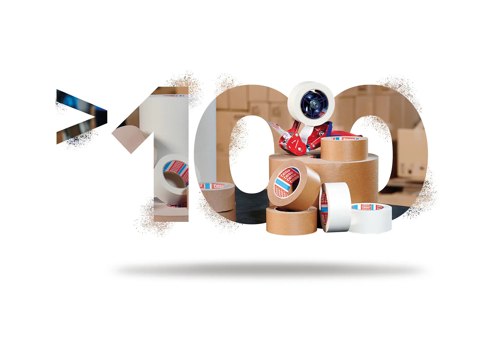 A variety of tesa tape and tesa tape dispensers arranged within and around cutout 100 on white, with a blurred warehouse behind.