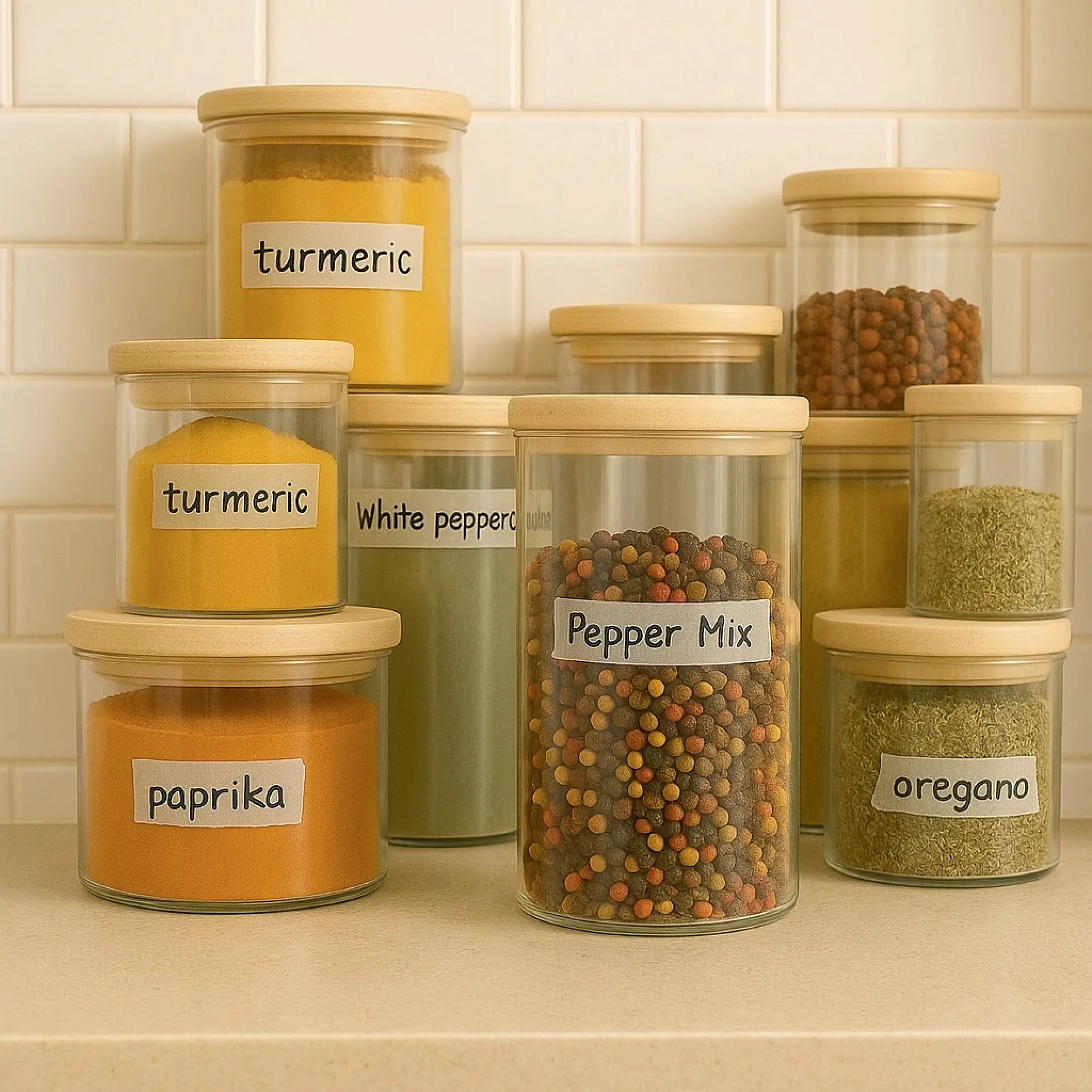 Nine glass jars with wooden lids, each labeled using tesa tape, are on a countertop. Visible labels: turmeric, paprika, oregano.