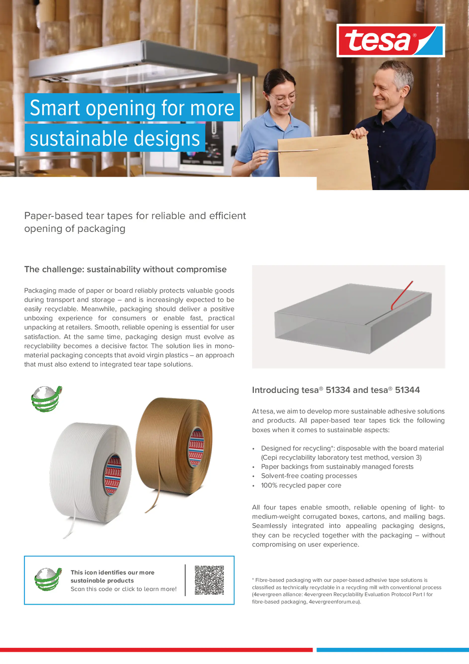 Paper-based tear tape flyer by tesa SE showcasing sustainable packaging solutions (tesa® 51334 and 51344) for easy, recyclable opening of corrugated boxes, with key benefits, sustainability features, and technical specifications. (This text has been generated by AI)