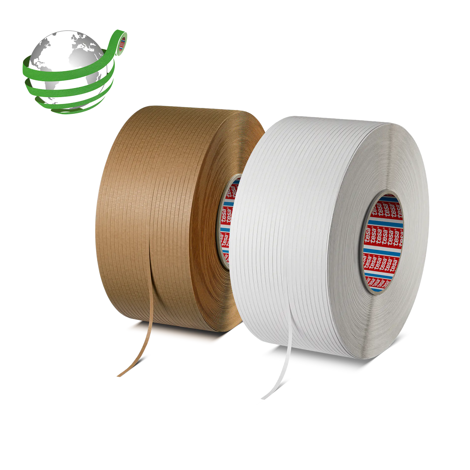 Two large rolls of tesa tape, one brown and one white, are side by side on a plain background. A globe with green tesa tape wraps around it. (This text has been generated by AI)