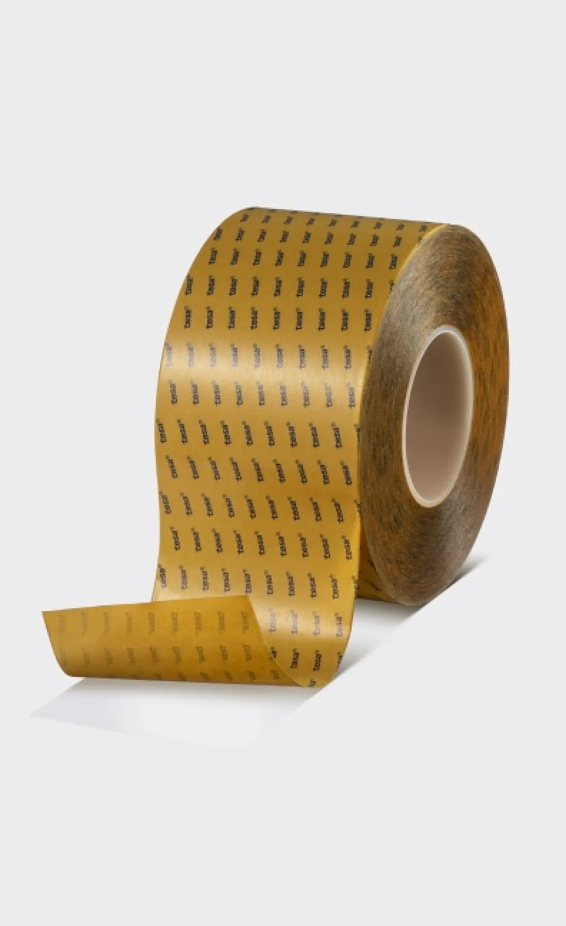 A large roll of tesa tape with a yellow backing printed with repeating black text, partially unrolled on a plain white background. (This text has been generated by AI)