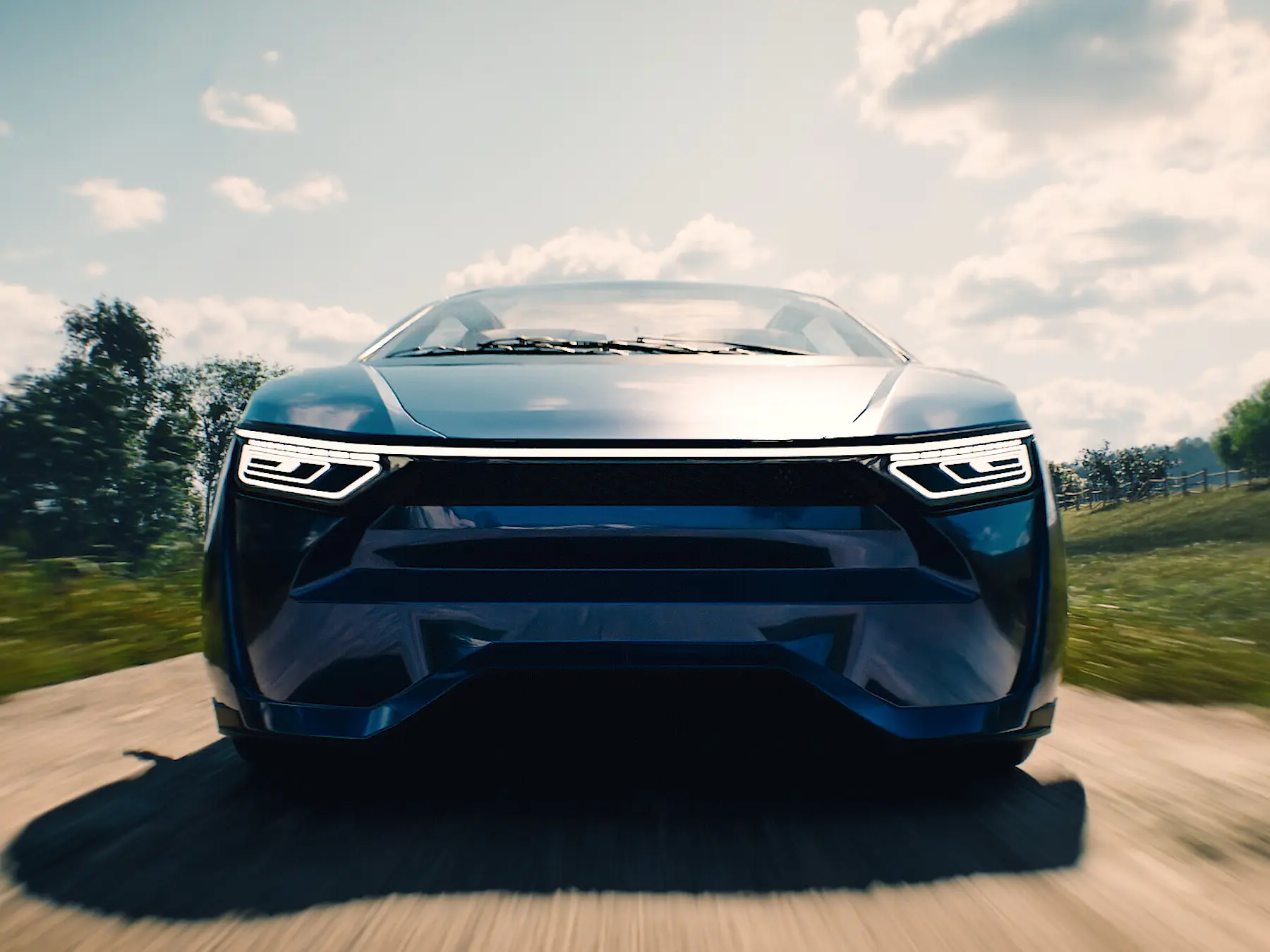 tesa electric car driving on rural road under cloudy sky with trees in background (This text has been generated by AI)