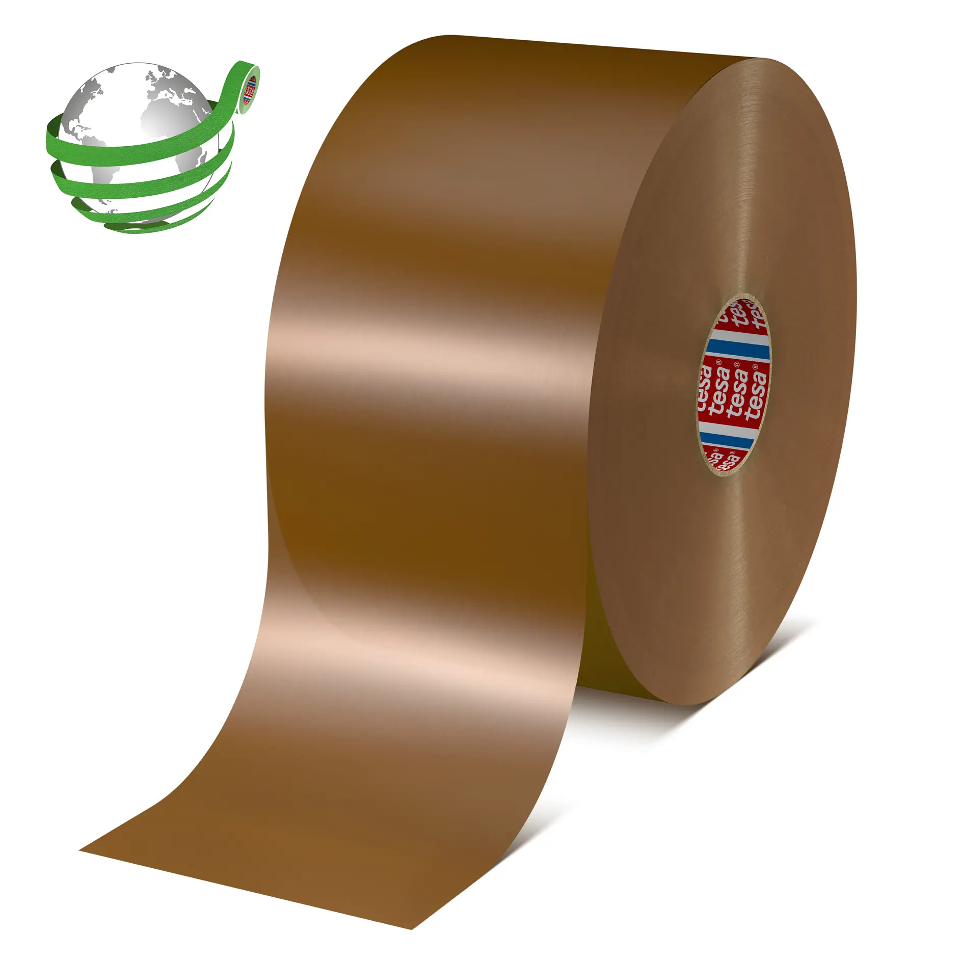 brown tesa adhesive tape roll with partially unrolled strip, isolated on white background, packaging material product (This text has been generated by AI)