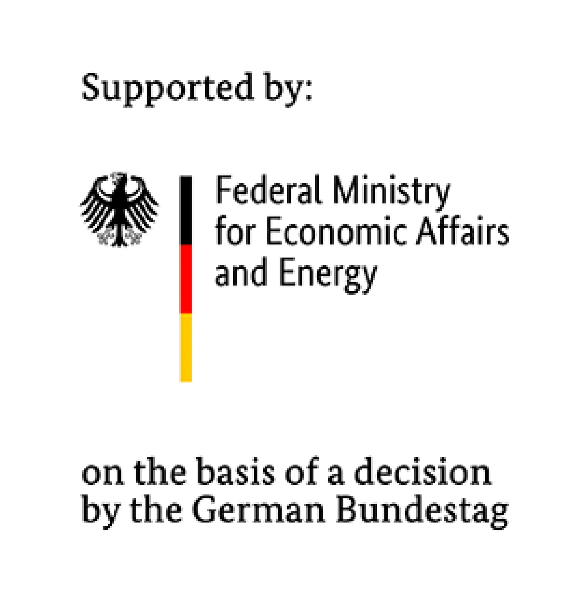 The image shows the text Supported by: Federal Ministry for Economic Affairs and Energy, ministry logo, vertical German flag, and tesa tape.