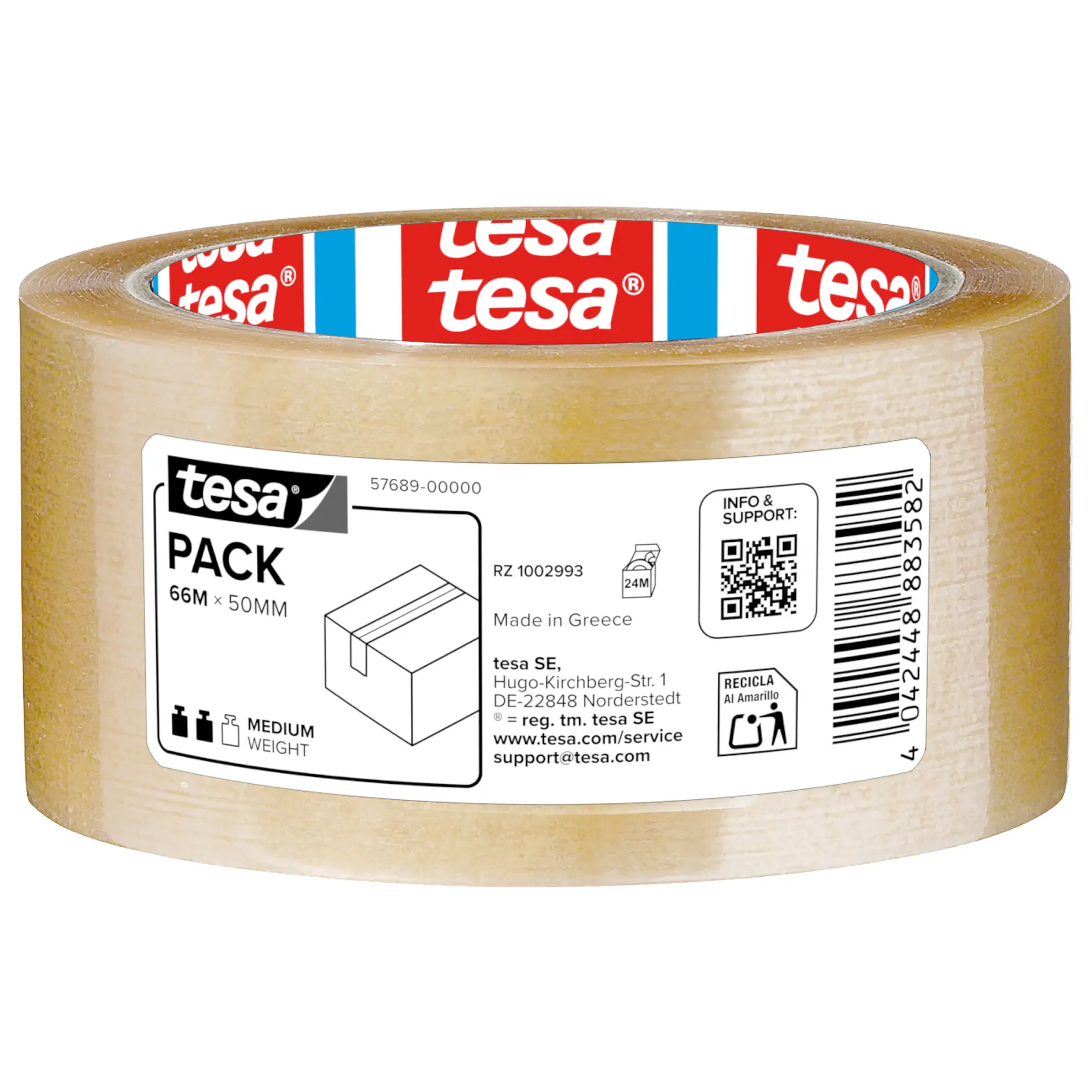 clear packing tape roll with tesa branding, showing product label and barcode, set against white background (This text has been generated by AI)