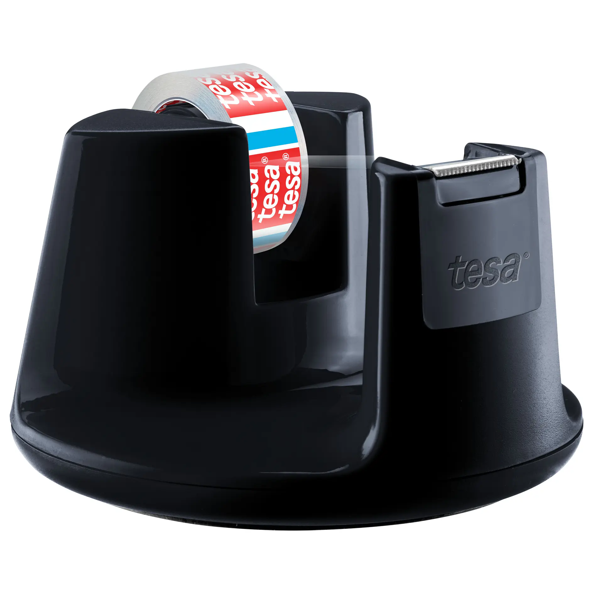 black tesa tape dispenser holding a roll of red and white adhesive tape, set against a white background (This text has been generated by AI)