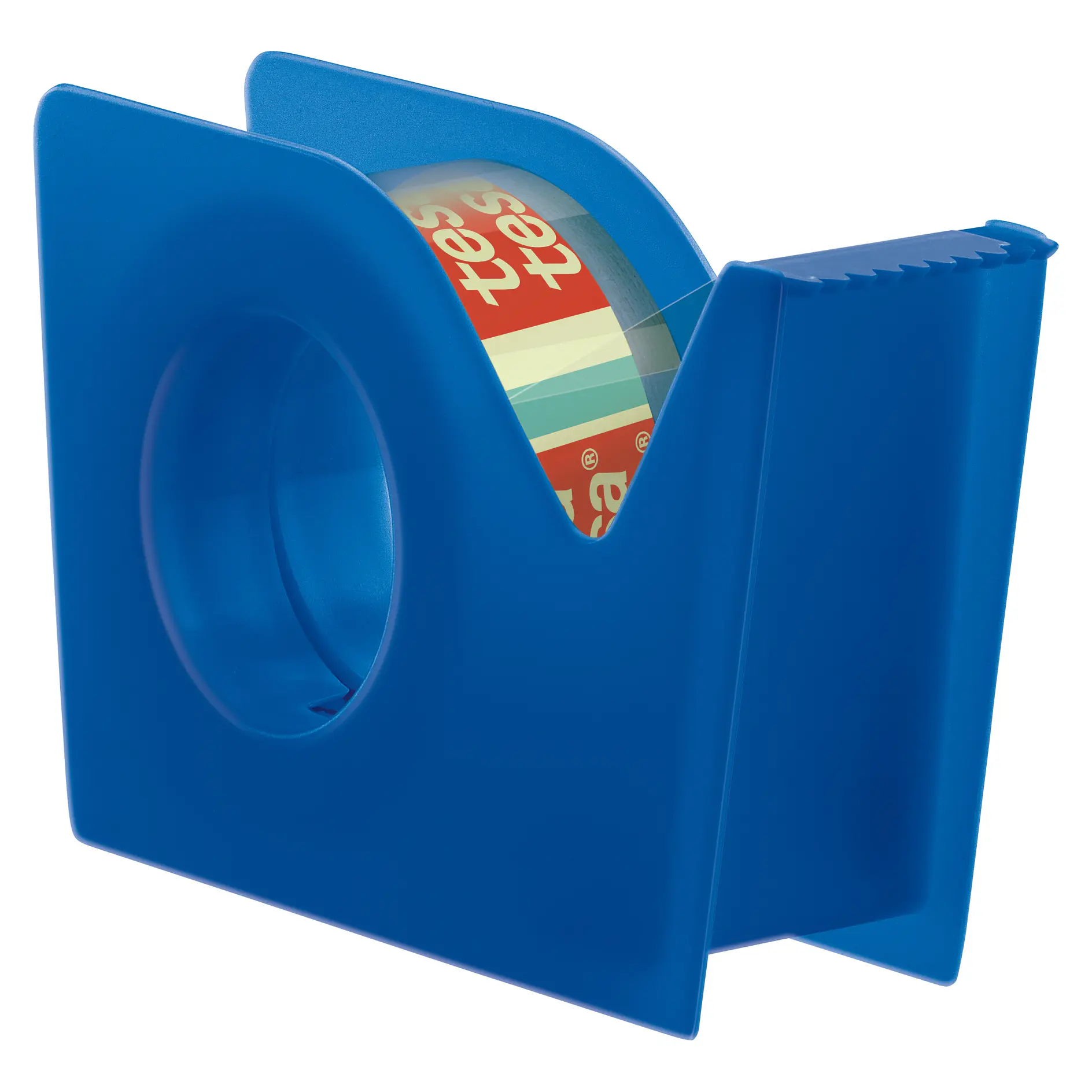 blue plastic tape dispenser holding a roll of tesa branded adhesive tape on a white background (This text has been generated by AI)