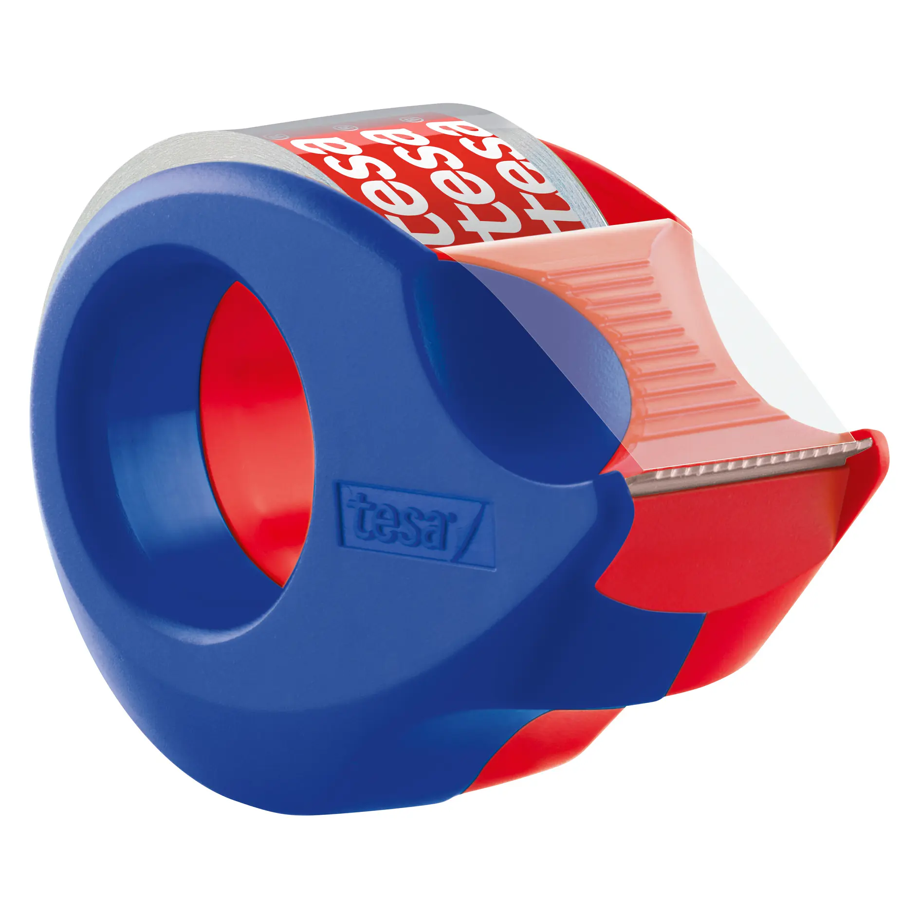 tesa tape dispenser in blue and red holding a roll of red and white adhesive tape, isolated on white background (This text has been generated by AI)