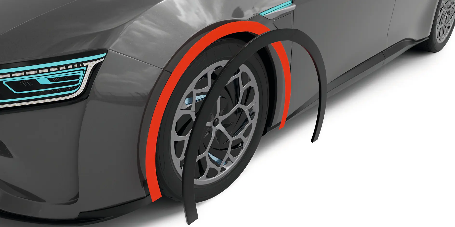 tesa branded black and red adhesive strips applied around the wheel arch of a gray electric car in a studio setting