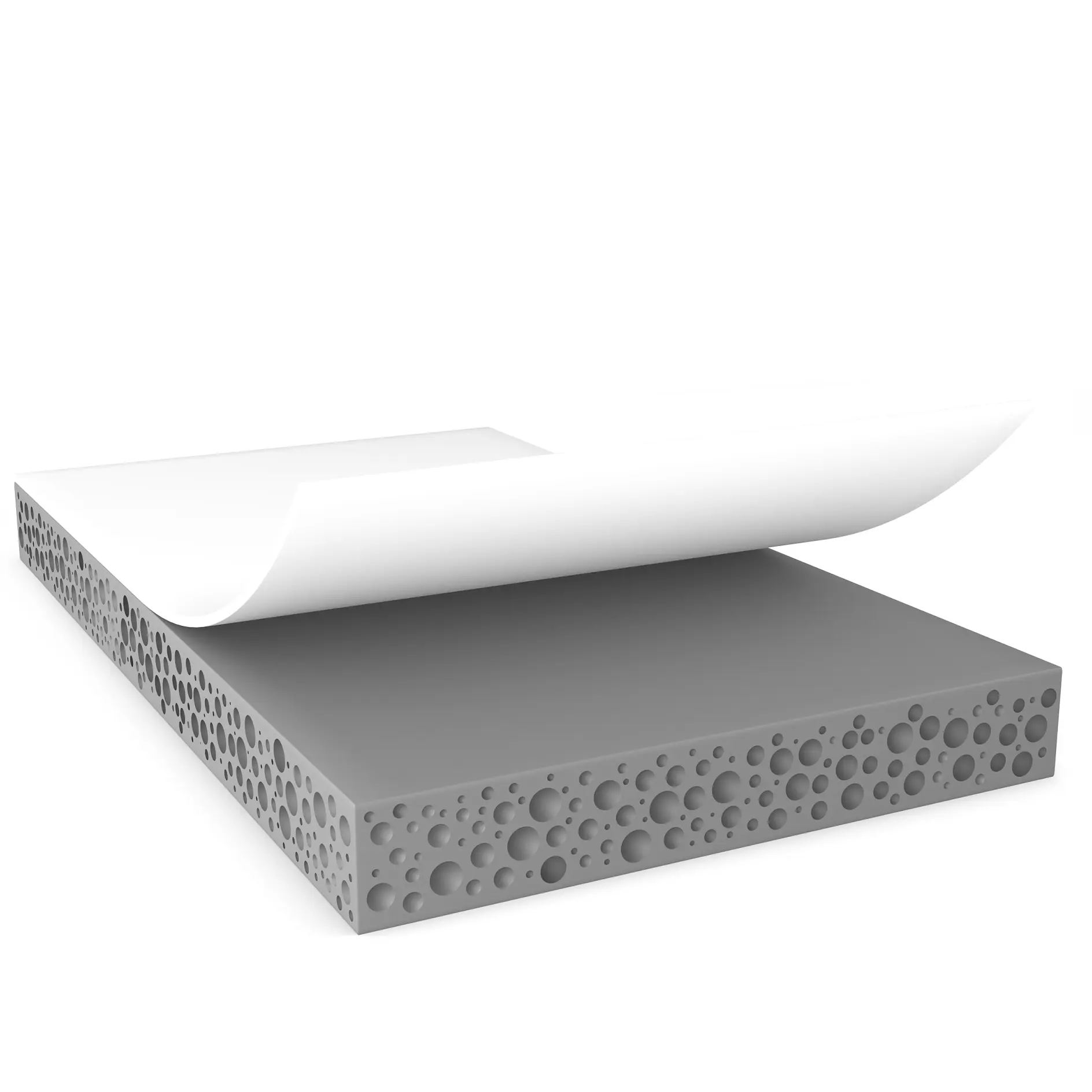 tesa adhesive tape with a white backing partially peeled off, showing a gray porous foam layer underneath on a white background