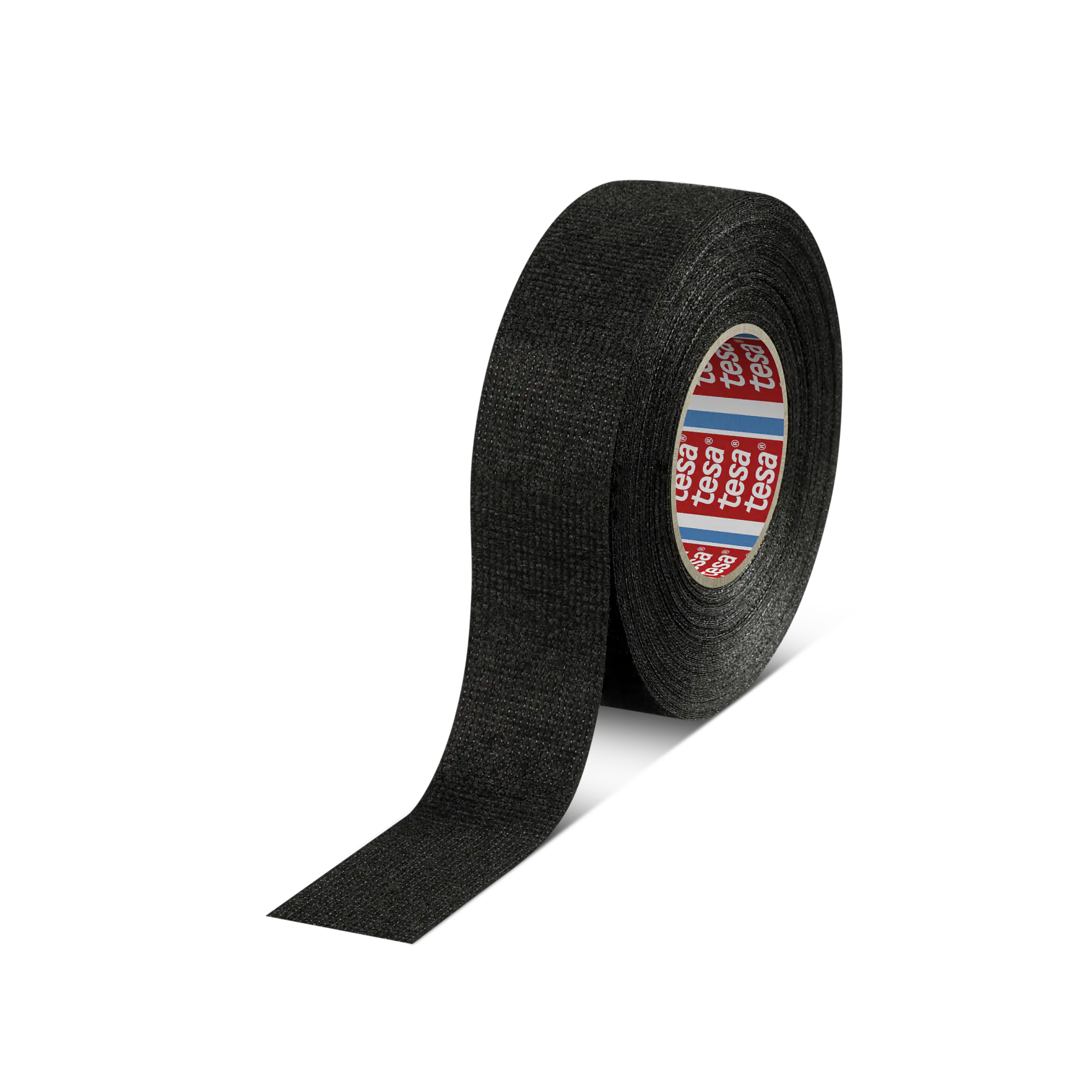 tesa black fabric adhesive tape roll with a strip partially unrolled on a white background (This text has been generated by AI)