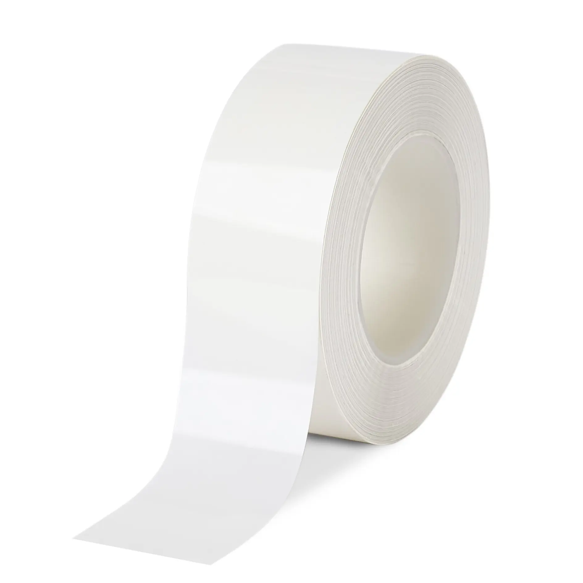 One white roll of tesa adhesive tape on a white background partially unrolled, isolated with no additional objects or setting. (This text has been generated by AI)