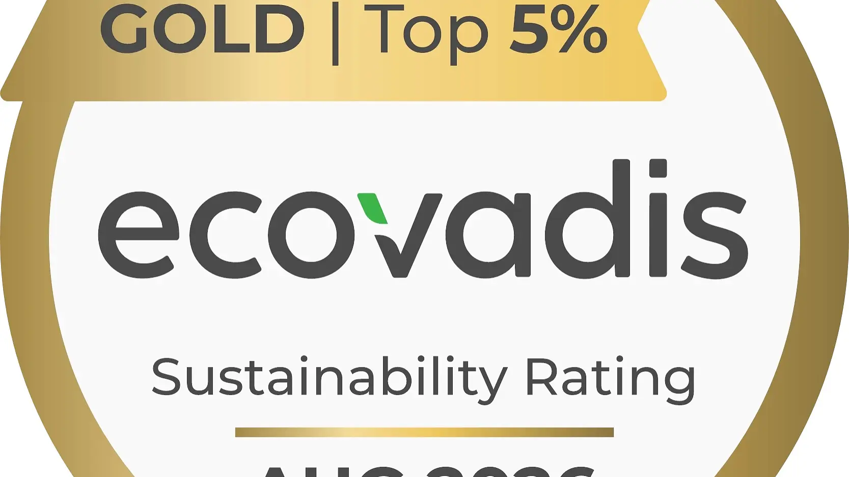 A gold circular badge features the words GOLD | Top 5% ecovadis Sustainability Rating AUG 2026, with a gold ribbon at the top left resembling tesa tape.