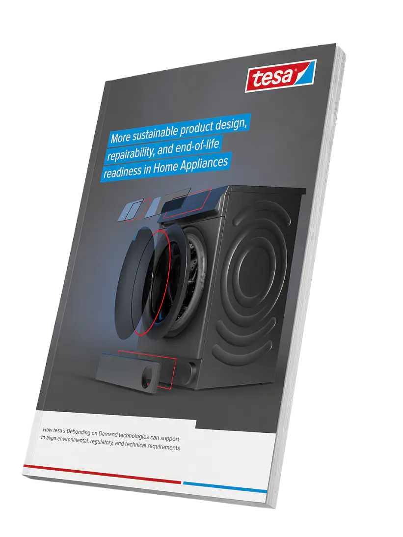 A booklet with the tesa logo features an illustration of a washing machine and text that reads: More sustainable product design, repairability, and end-of-life readiness in Home Appliances—with a focus on solutions using tesa tape. (This text has been generated by AI)