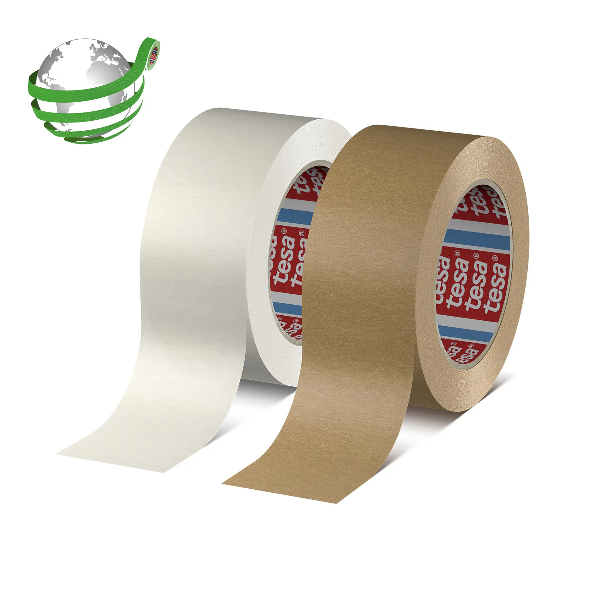 Two rolls of tesa adhesive tape, one white and one brown, displayed on a white background with a green globe logo. (This text has been generated by AI)