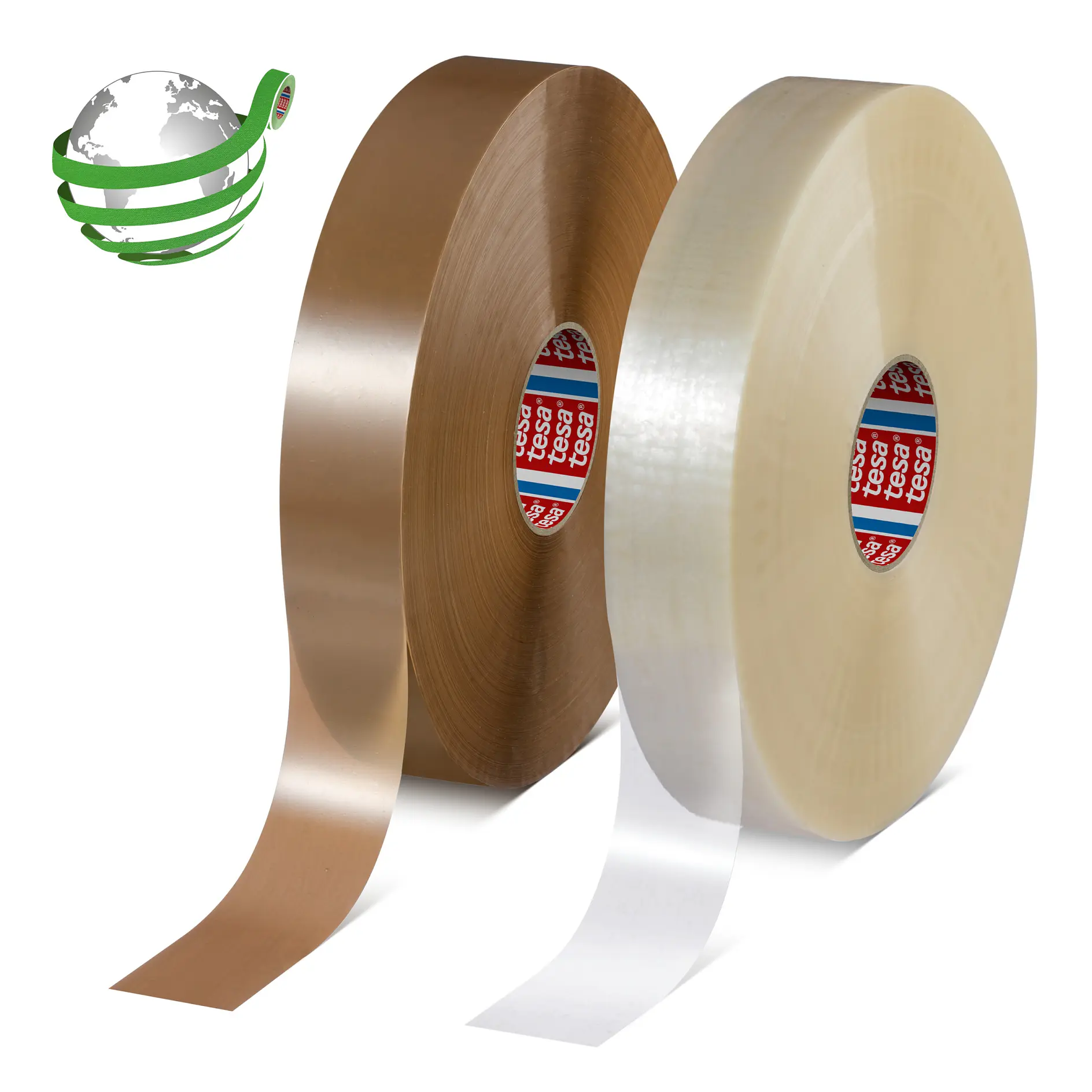 Two large rolls of tesa adhesive tape, one brown and one clear, displayed on a white background for packaging use. (This text has been generated by AI)
