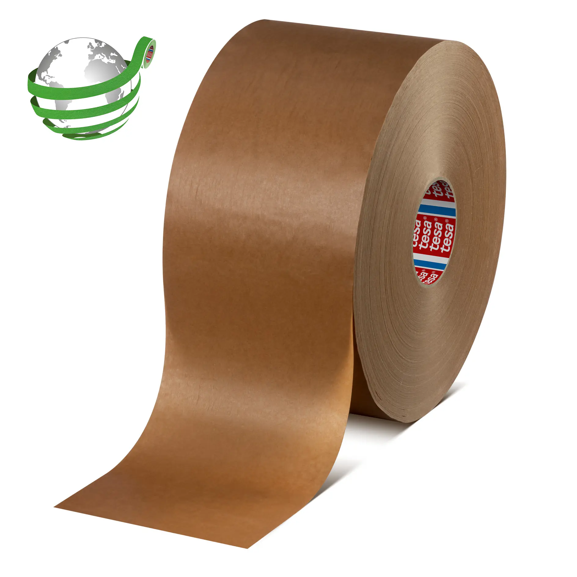 brown tesa adhesive tape roll standing upright on white background with eco-friendly globe icon nearby (This text has been generated by AI)