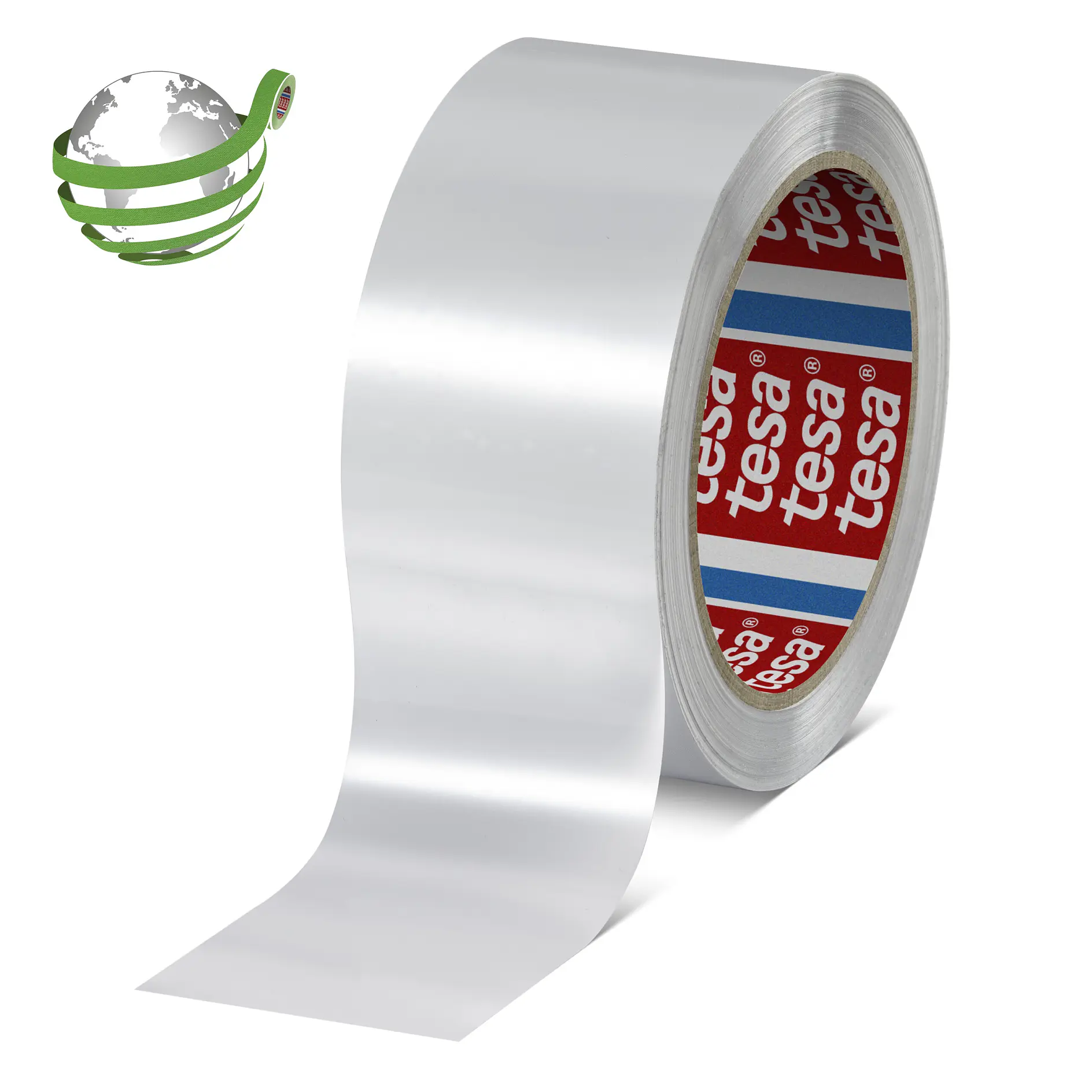 Clear adhesive tape roll with red and white tesa branding on the inner core, shown against a white background for product display. (This text has been generated by AI)