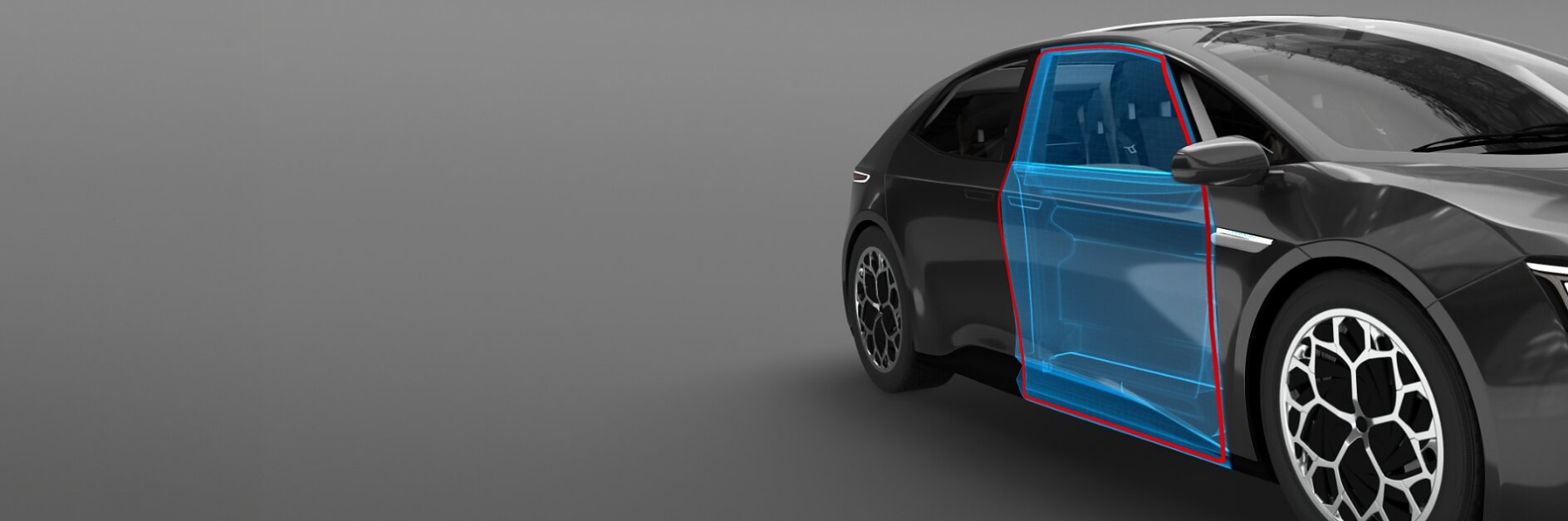 A black car is shown from the front side view with its driver’s side door highlighted in blue and outlined in pink, emphasizing the area where tesa tape would be applied, against a plain grey background.