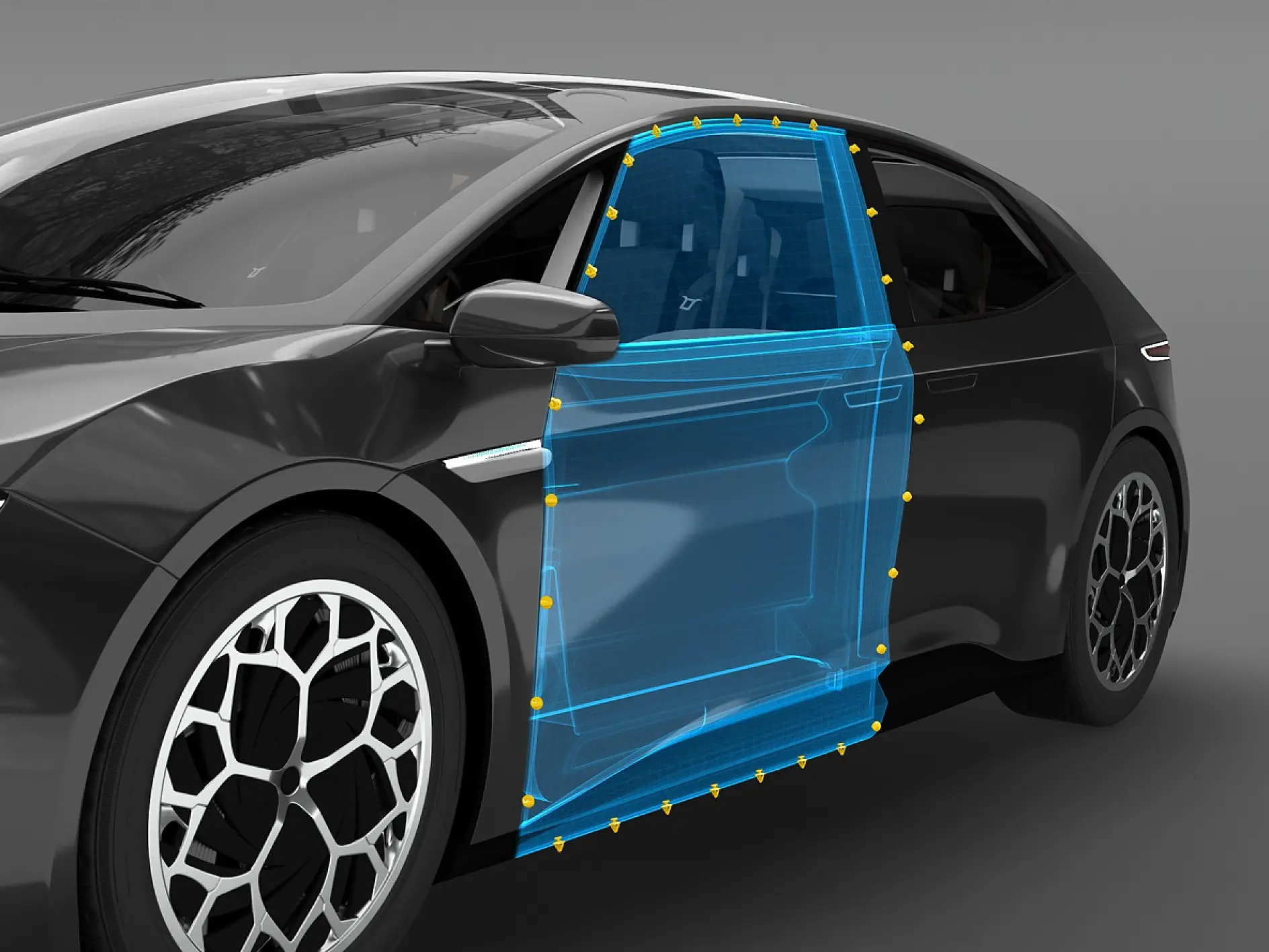 A black car with a blue transparent overlay highlighting the front driver’s side door and surrounding area, marked with yellow points to indicate areas where tesa tape is applied, set against a plain gray background.