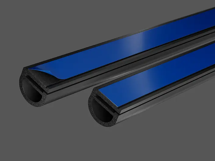 Two black foam rubber seals with blue tesa tape strips on one side are shown against a gray background. One strip is partially peeled back to reveal the tesa tape adhesive underneath.