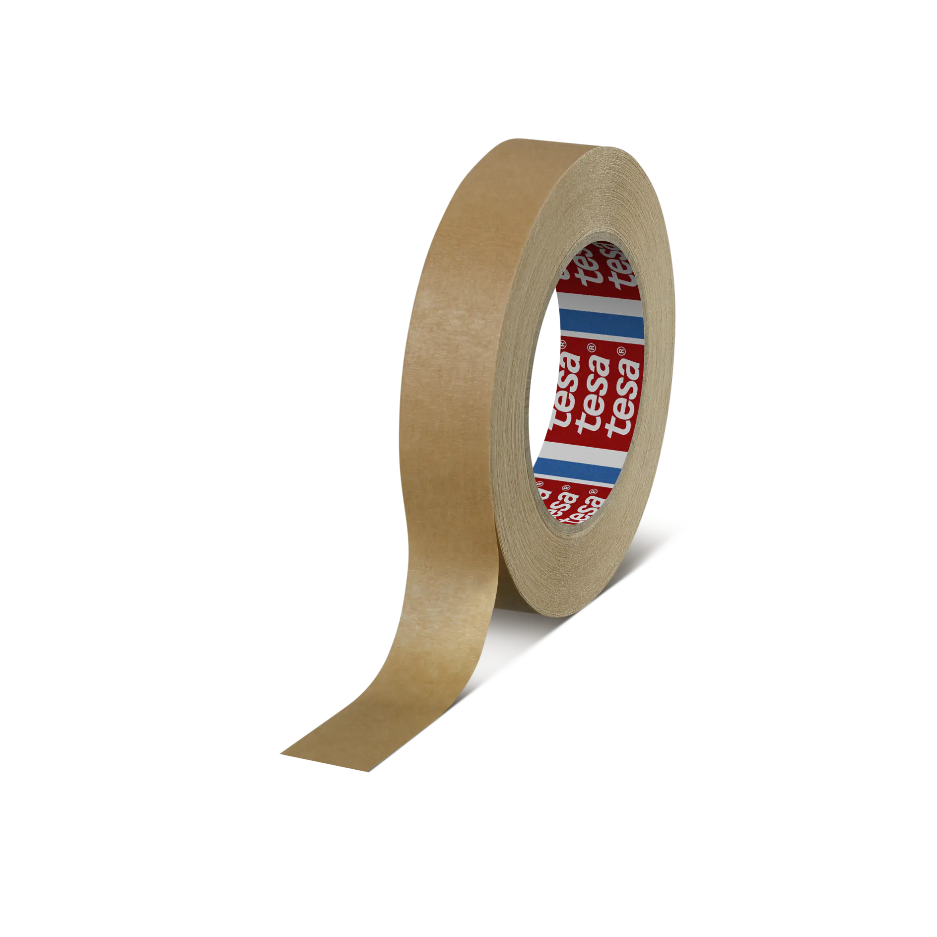 roll of brown tesa adhesive tape standing upright on a white background with a partially unrolled strip extending forward (This text has been generated by AI)