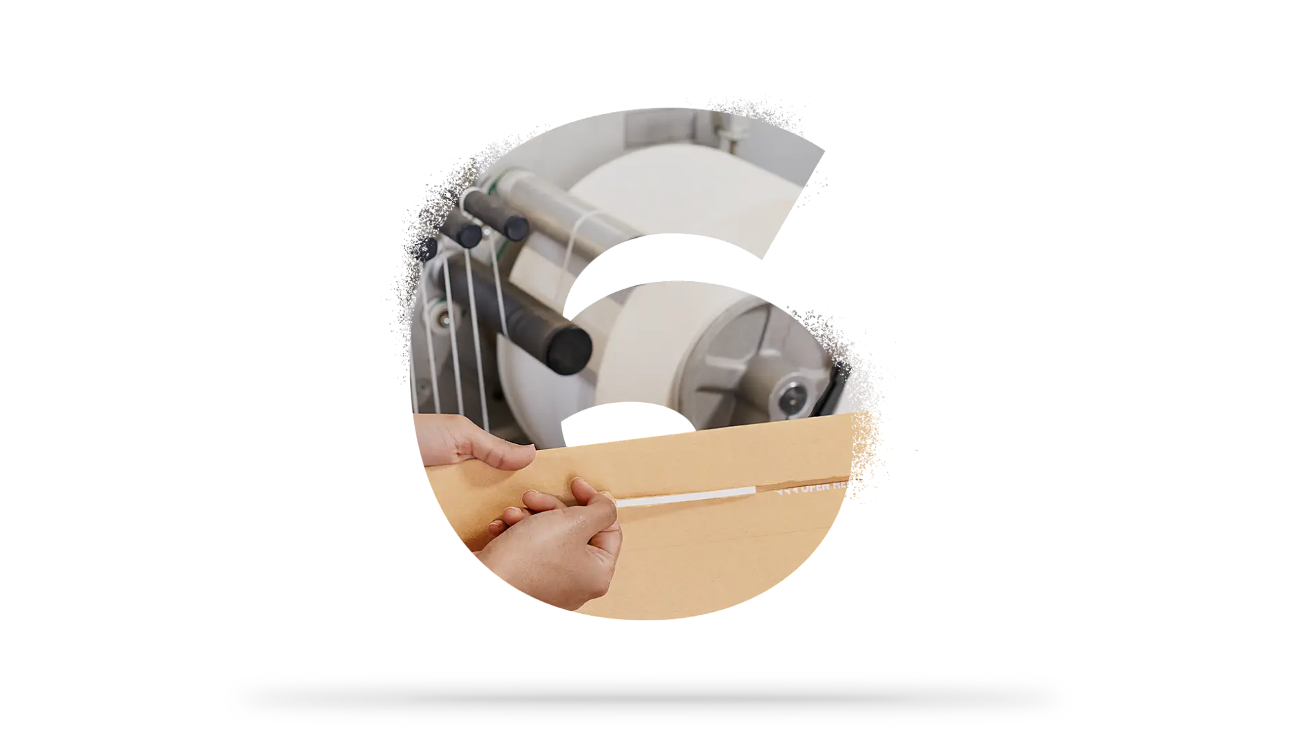 Image depicting a 6 as a cut-out in which a carton is ripped open and a spool of tape is seen in the background