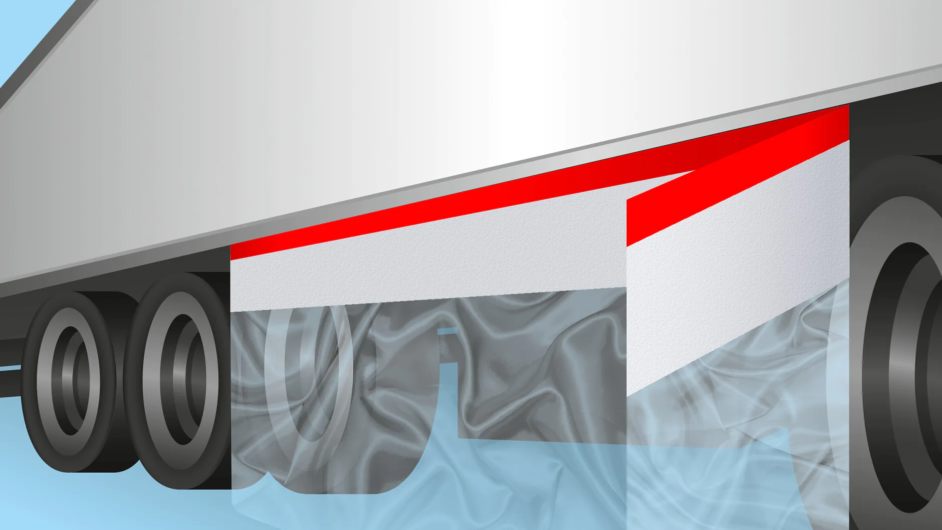 vehículos_especiales_cintas_tesa_para_camiones_enmascarado_y_protección_pintura Illustration of a trucks side guard with a red and white geometric design. The background features a blue gradient, and the wheels and undercarriage are visible with a translucent effect. (This text has been generated by AI)