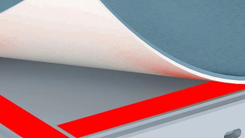 vehículos_especiales_cintas_tesa_para_colocación_de_recubrimientos_de_suelo_sistemas_de_techo_camiones_caravanas A close-up illustration of a board with a layer being peeled back. The board appears to have two red strips of tesa tape beneath the top layer. The edges are gray with two oval slots. The background is a textured blue. (This text has been generated by AI)