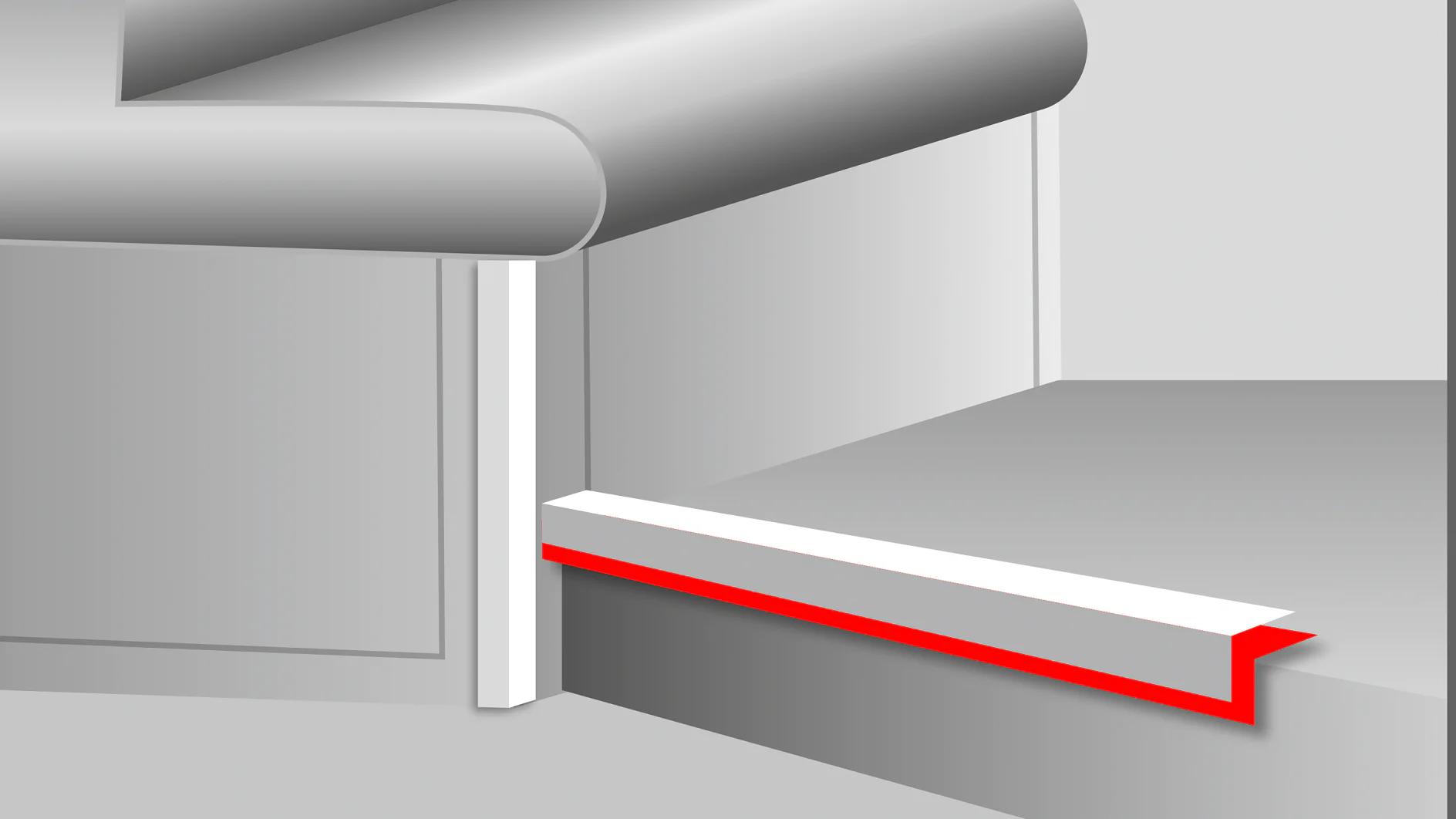 vehículos_especiales_cintas_tesa_para_montaje_de_componentes_adicionales_camiones_caravanas Illustration of a cross-section view showing a chair intersecting a wall with a red and white lip protruding from the base, resembling a staircase. The design highlights the structure and base positioning. (This text has been generated by AI)