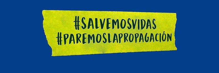 Un fondo azul con una cinta tesa amarilla en el centro que muestra el texto en español: #SALVEMOSVIDAS #PAREMOSLAPROPAGACIÓN. (This text has been generated by AI)