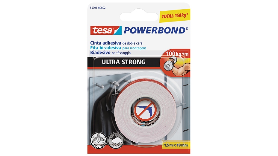 Tesa 55732 Powerbond doble cara 1,5mx19mm fuertemente cinta de montaje Cinta adhesiva Cinta