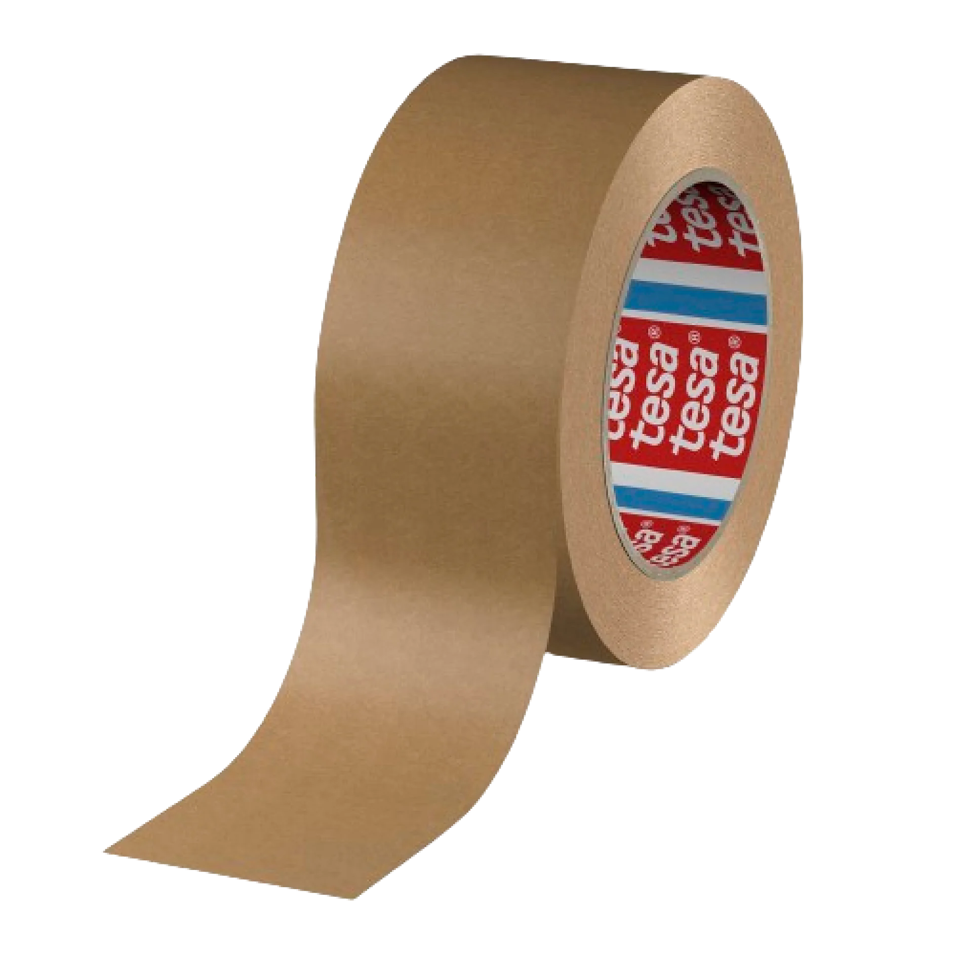 Un rollo de cinta adhesiva marrón tesa con la marca tesa visible en el anillo de cartón interior. La cinta tesa tiene una textura mate y una tira de ella se desenrolla y se extiende hacia abajo. (This text has been generated by AI)