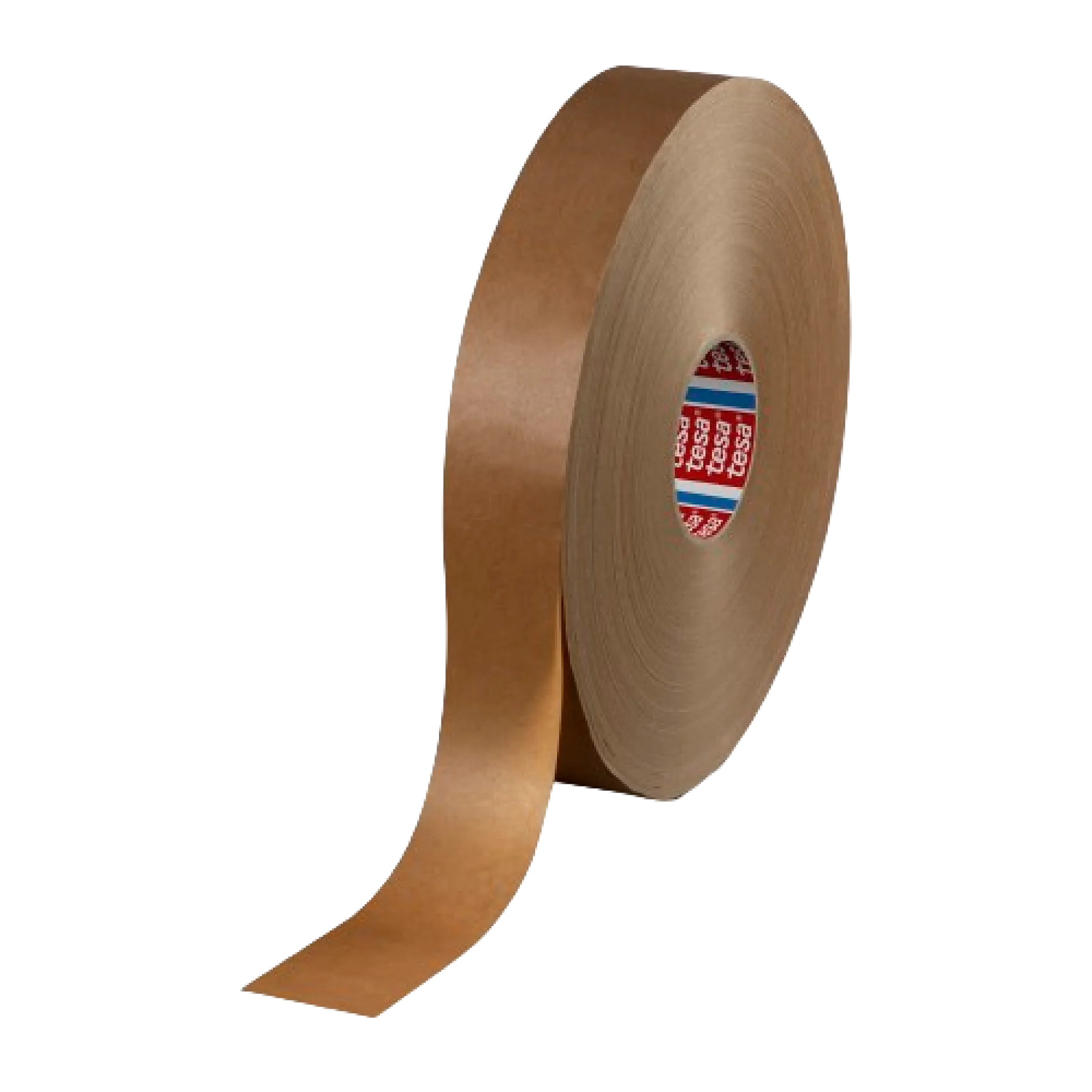 Un rollo grande de cinta adhesiva marrón tesa se desenrolla ligeramente. El borde de la cinta tesa mira hacia adelante y se ve una etiqueta de color dentro del núcleo del rollo. (This text has been generated by AI)