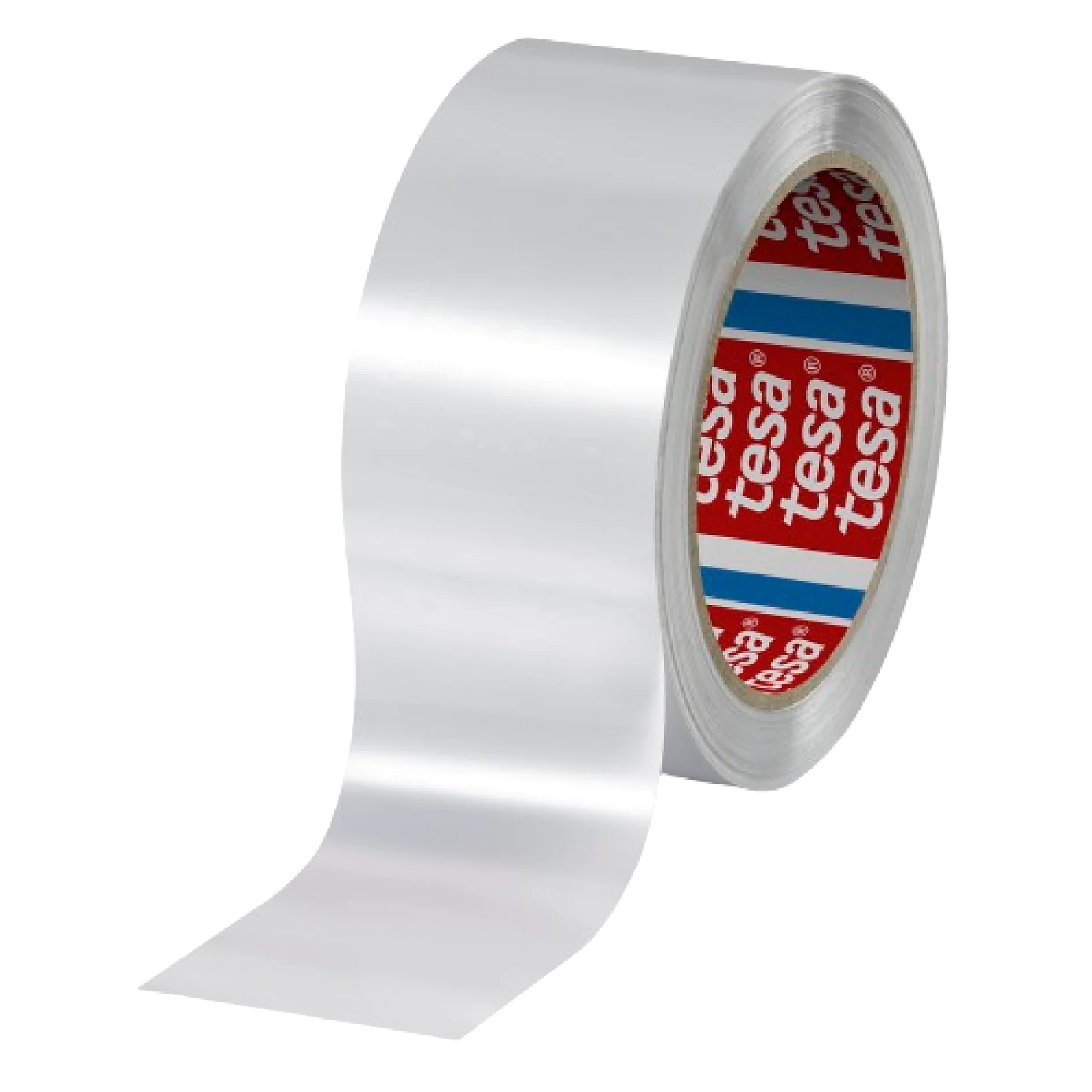 Un rollo de cinta adhesiva plateada Tesa con una sección parcialmente desenrollada. El núcleo interior está marcado con marcas rojas y azules. La cinta Tesa tiene una superficie brillante y reflectante. (This text has been generated by AI)