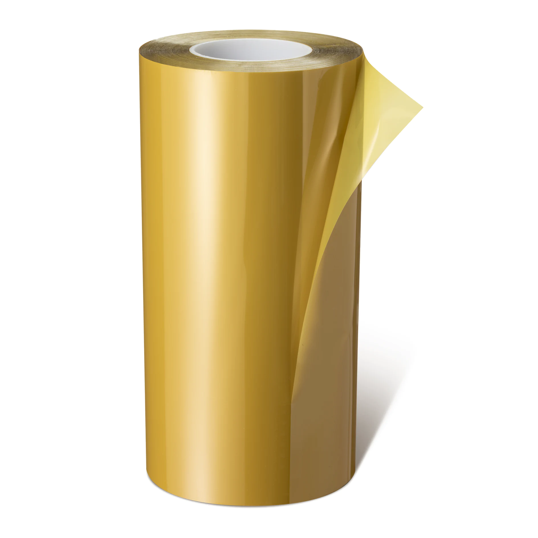 roll of gold-colored adhesive film with a partially peeled corner on a white background, used for surface protection or decoration tesa (This text has been generated by AI)