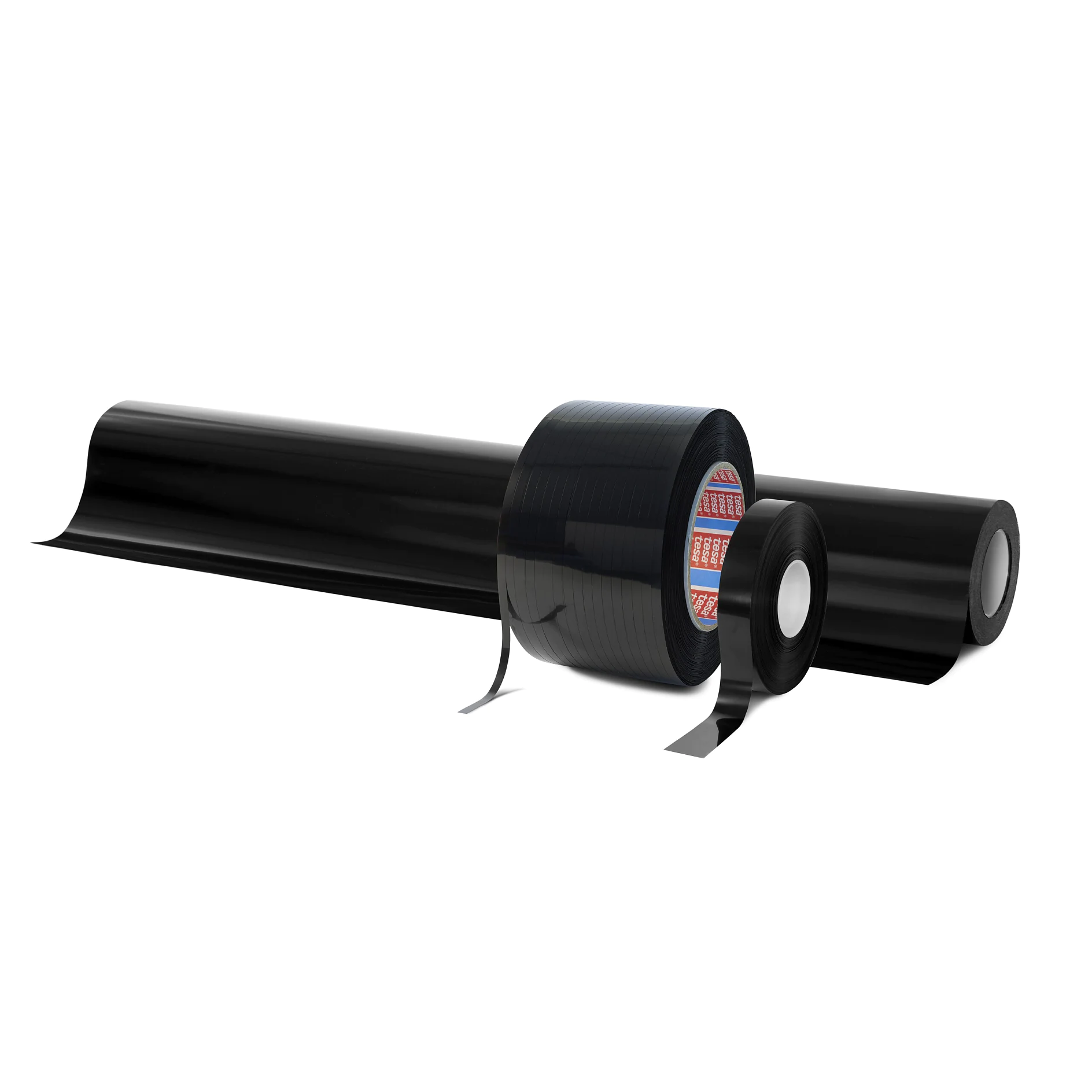 Two rolls of black tesa adhesive tape, one partially unrolled, isolated on a white background. (This text has been generated by AI)